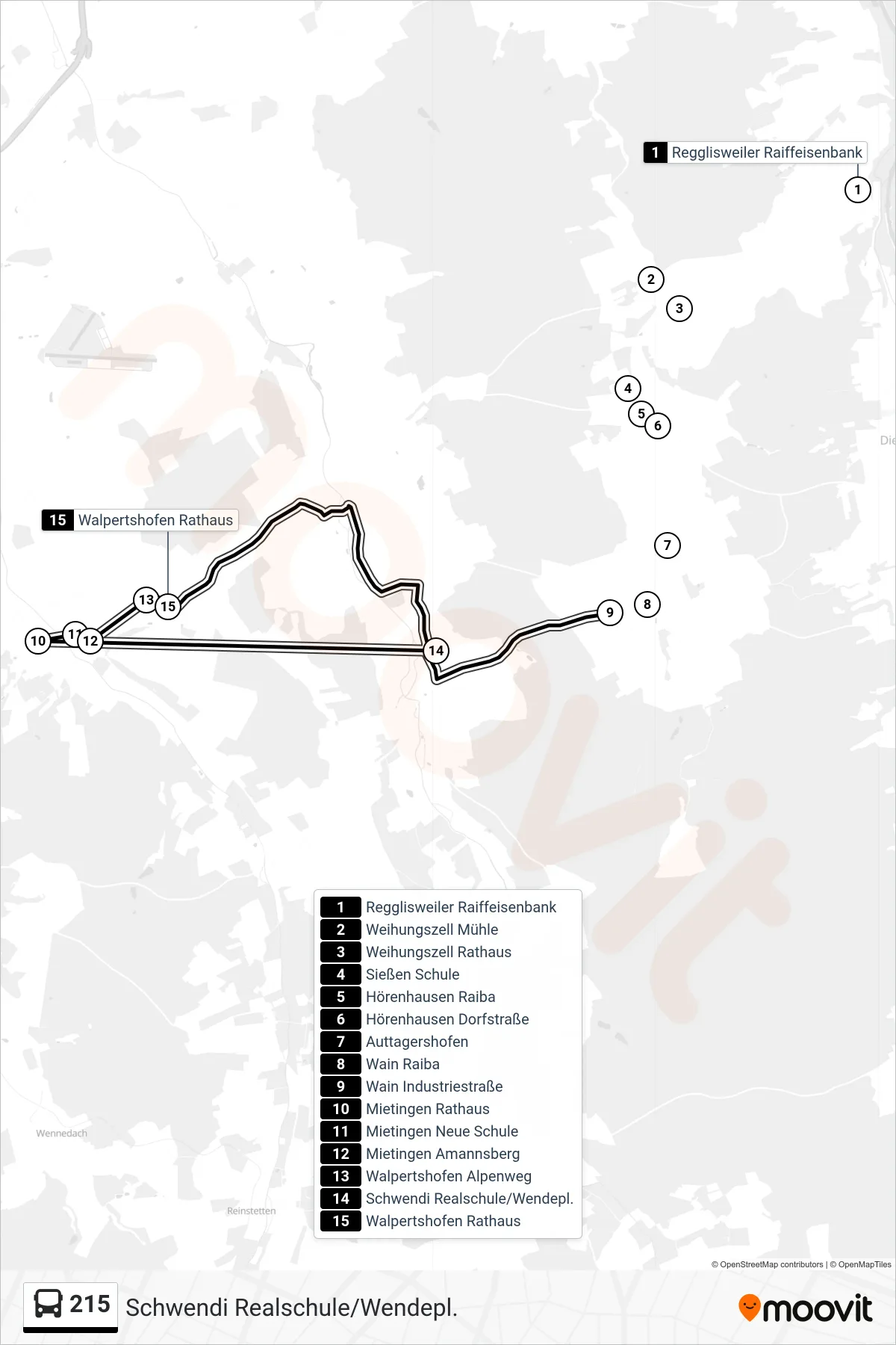 215 bus Line (Schwendi Realschule/Wendepl.) route and stops on a map