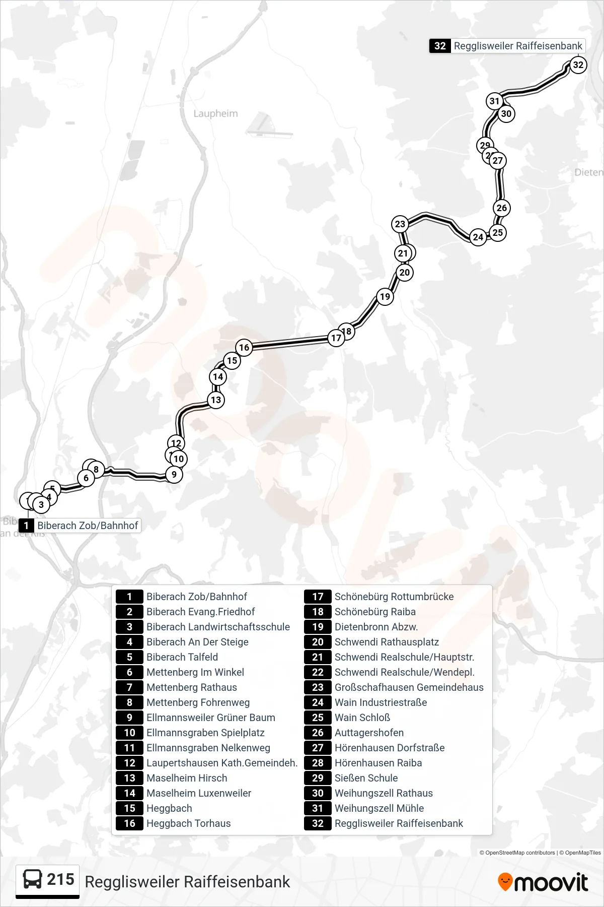 215 bus Line (Regglisweiler Raiffeisenbank) route and stops on a map