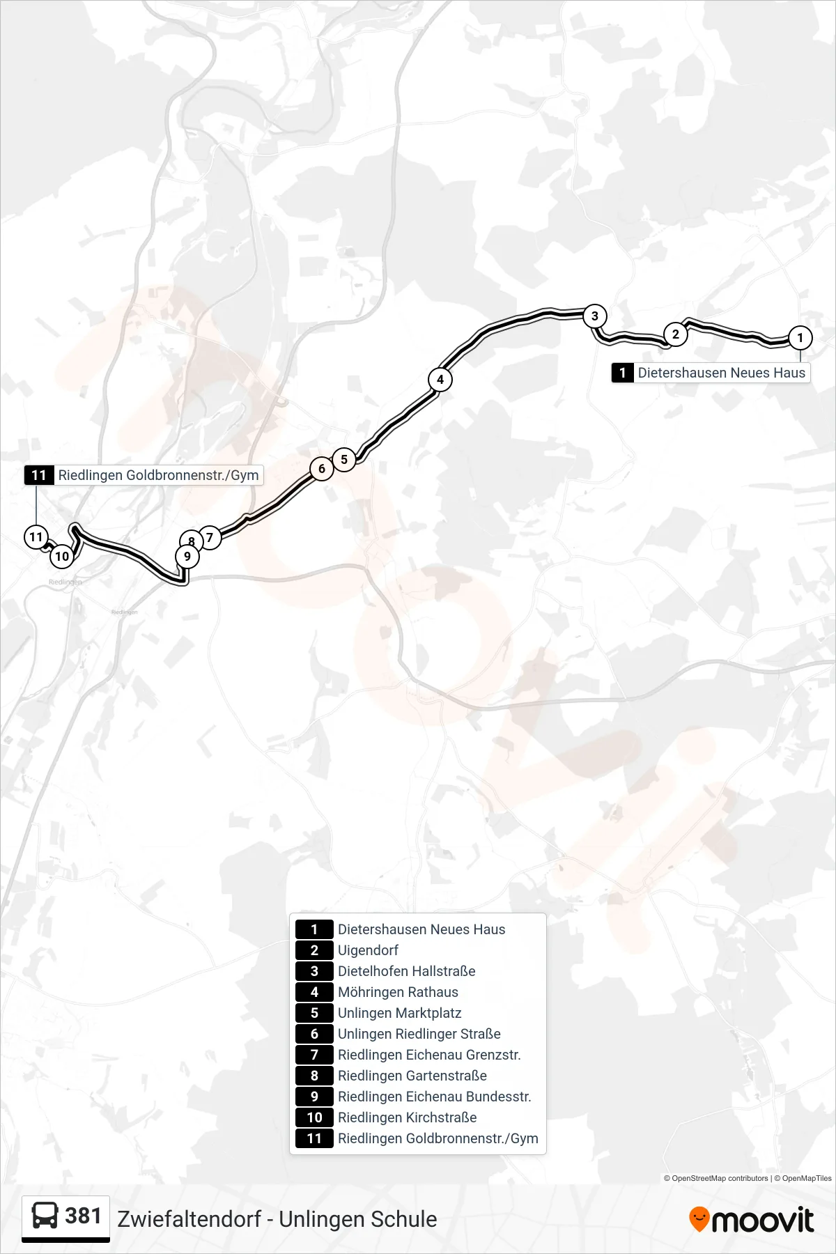 381 bus Line (Riedlingen Goldbronnenstr./Gym) route and stops on a map