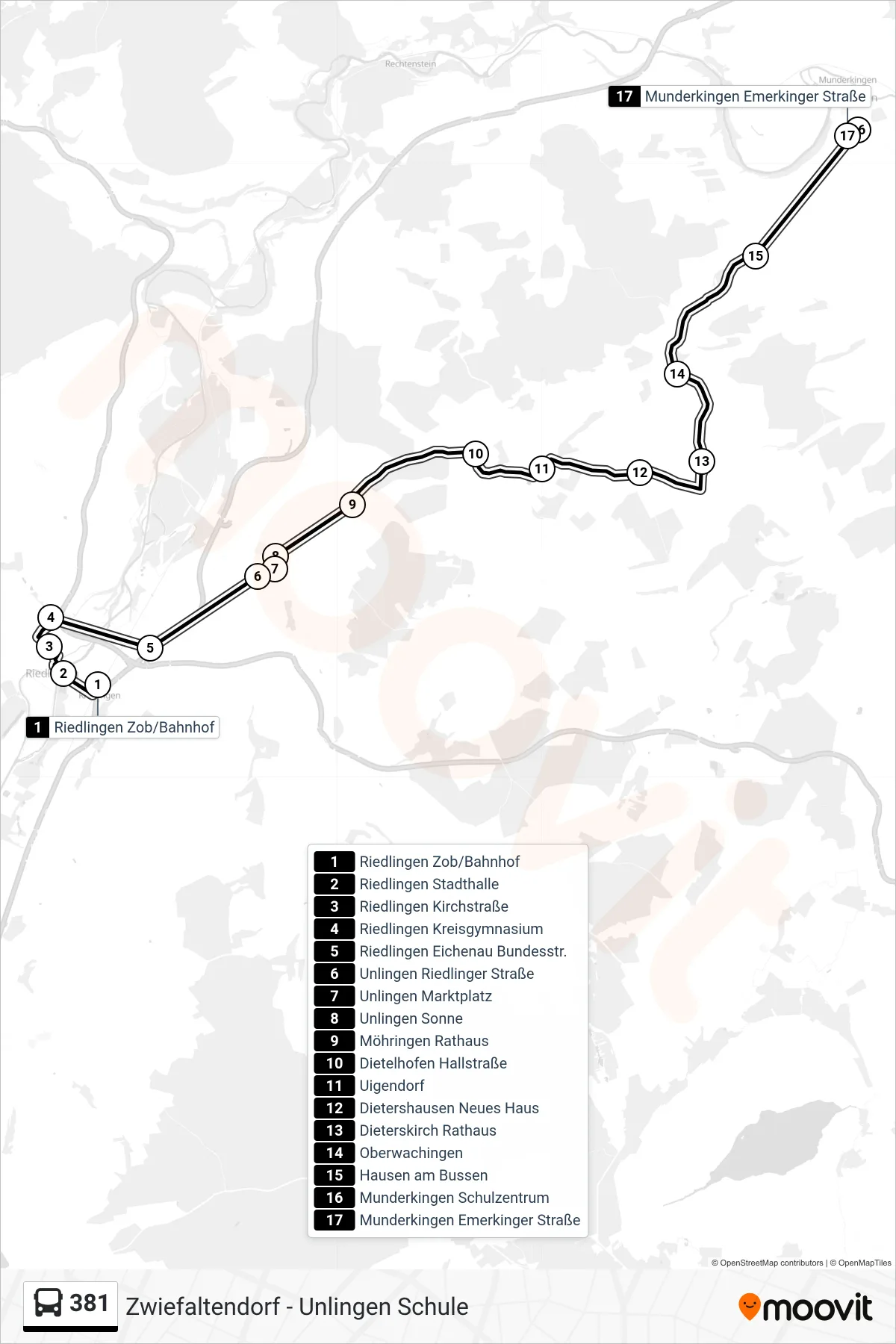381 bus Line (Munderkingen Emerkinger Straße) route and stops on a map