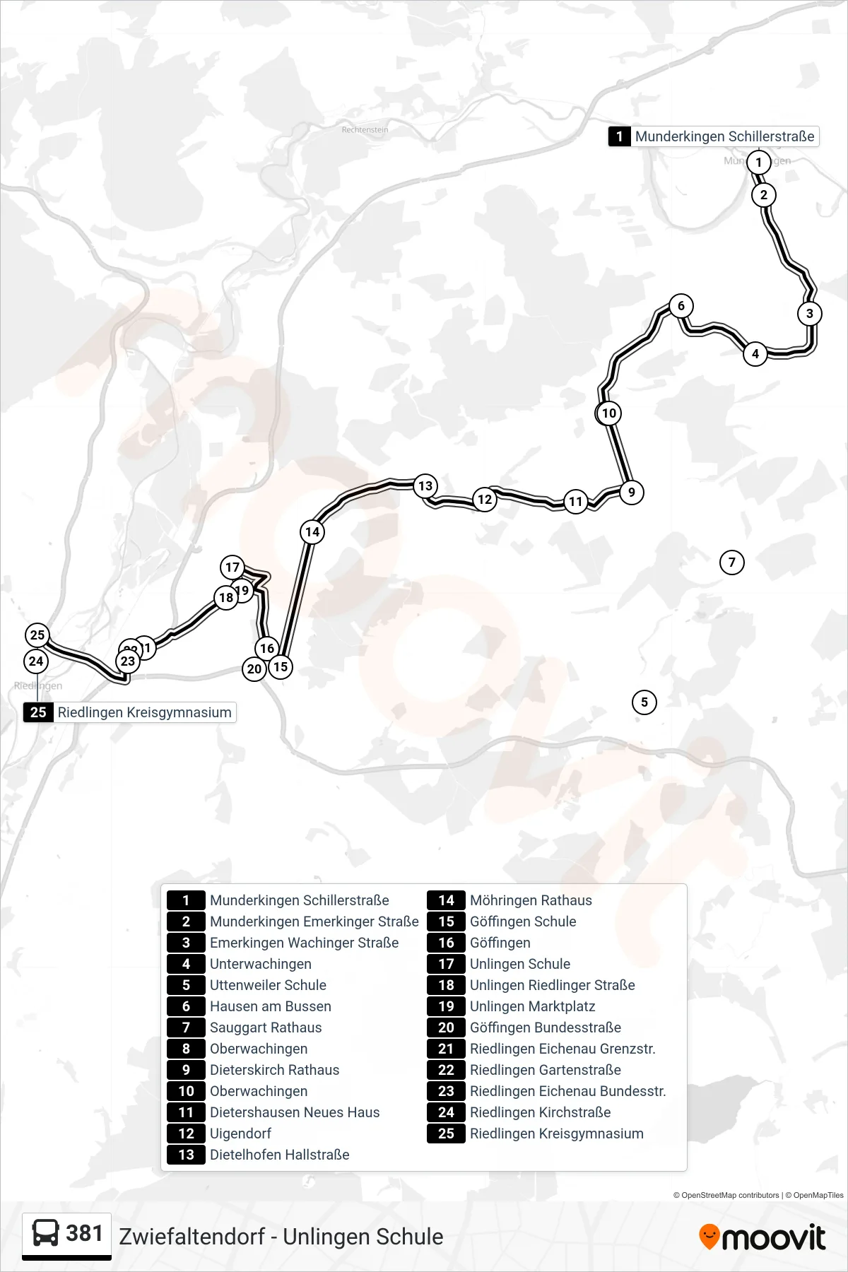 381 bus Line (Riedlingen Kreisgymnasium) route and stops on a map