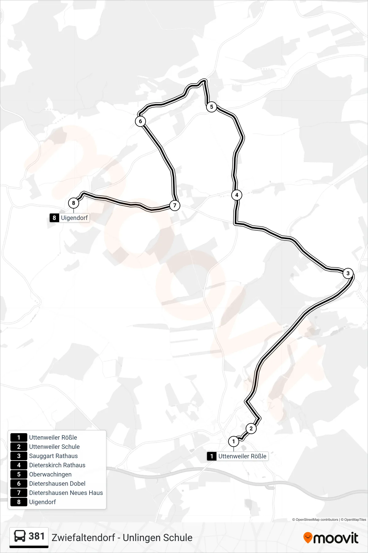 381 bus Line (Uigendorf) route and stops on a map