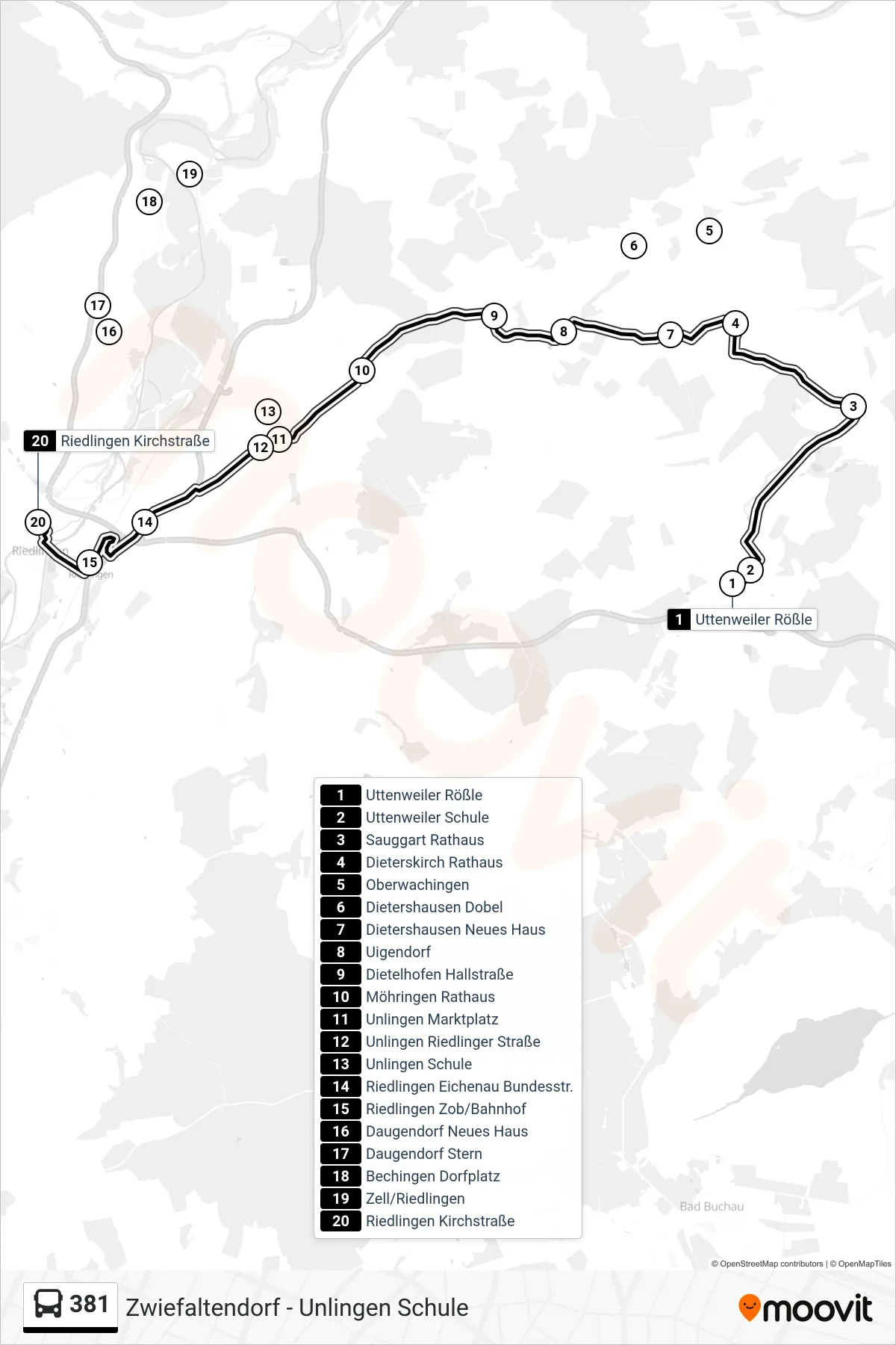 381 bus Line (Riedlingen Kirchstraße) route and stops on a map