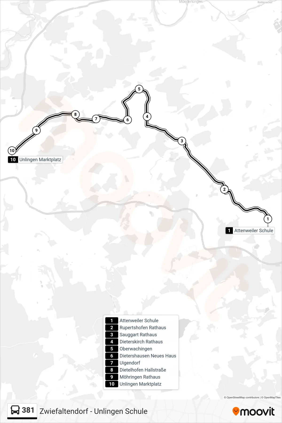 381 bus Line (Unlingen Marktplatz) route and stops on a map