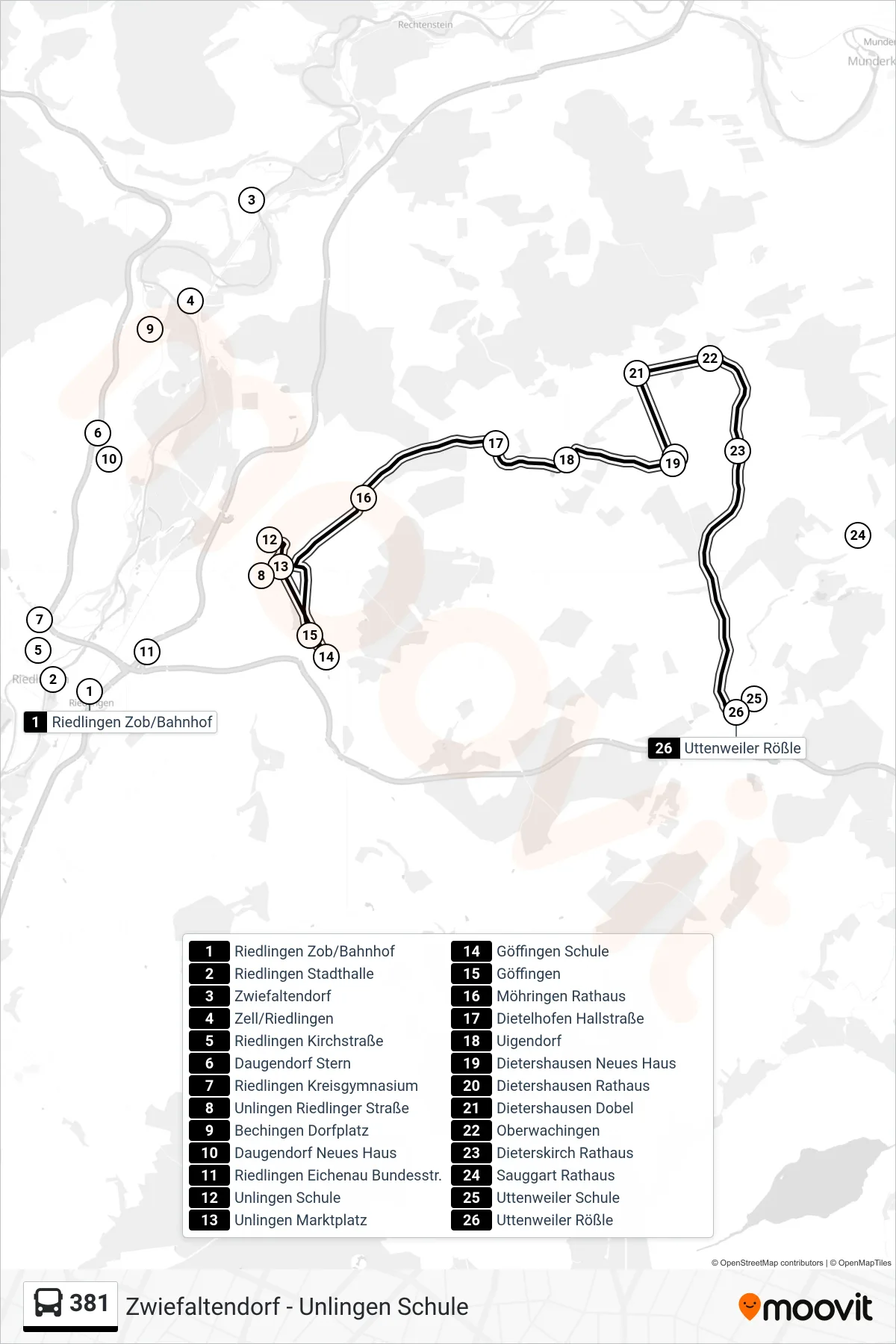 381 bus Line (Uttenweiler Rößle) route and stops on a map