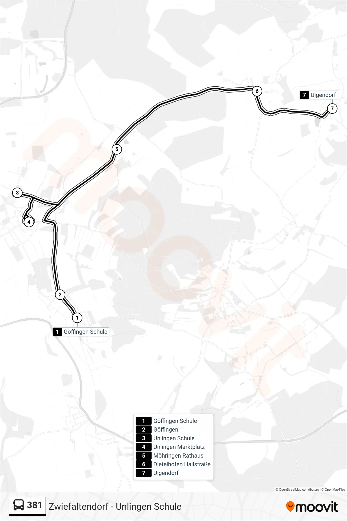381 bus Line (Uigendorf) route and stops on a map