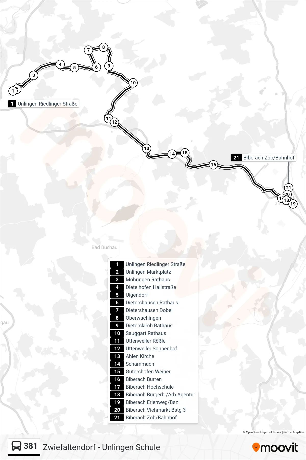 381 bus Line (Biberach Zob/Bahnhof) route and stops on a map
