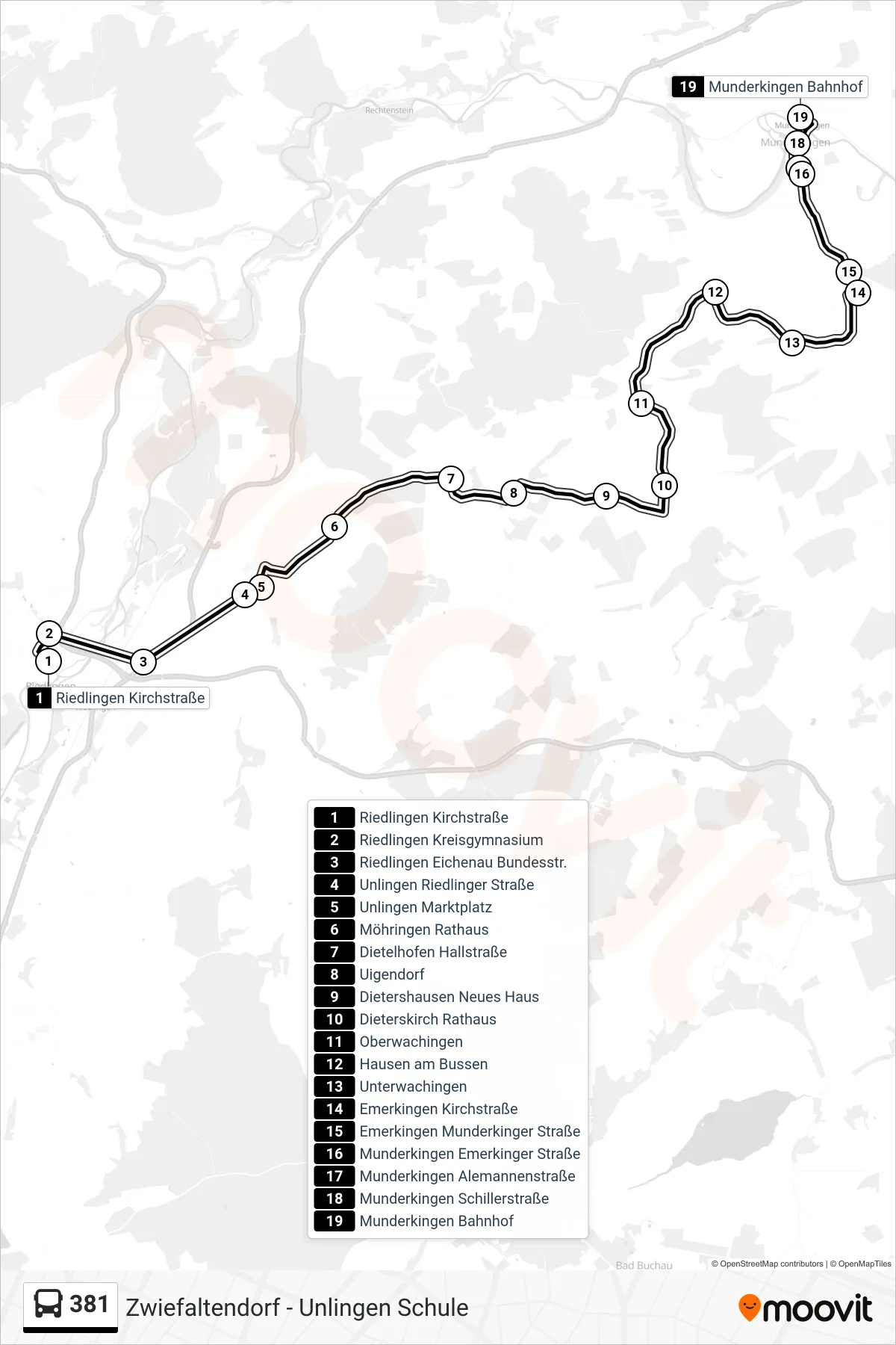 Linie 381 (Bus) Richtung Munderkingen Bahnhof: Route und Haltestellen auf der Karte