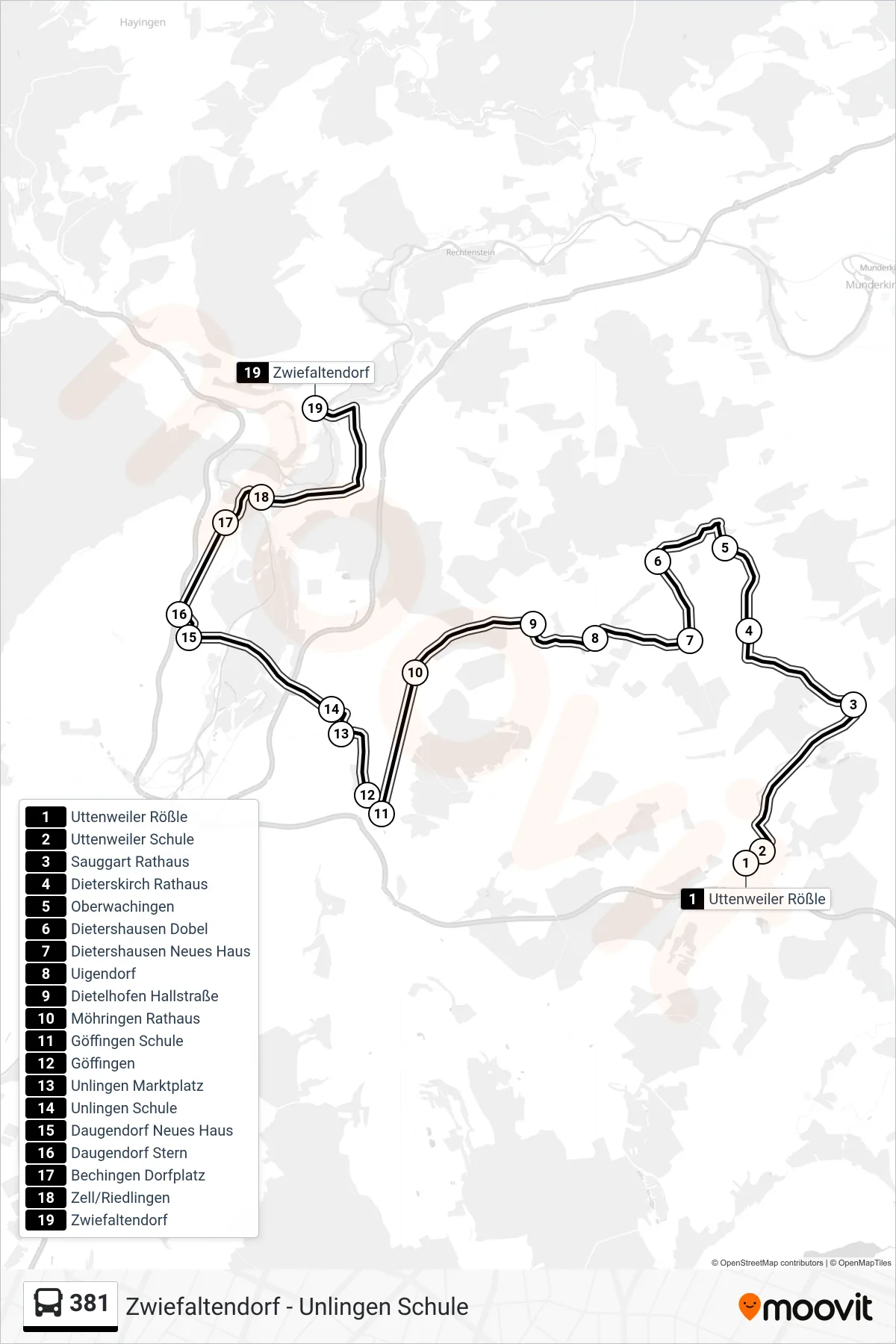 381 bus Line (Zwiefaltendorf) route and stops on a map