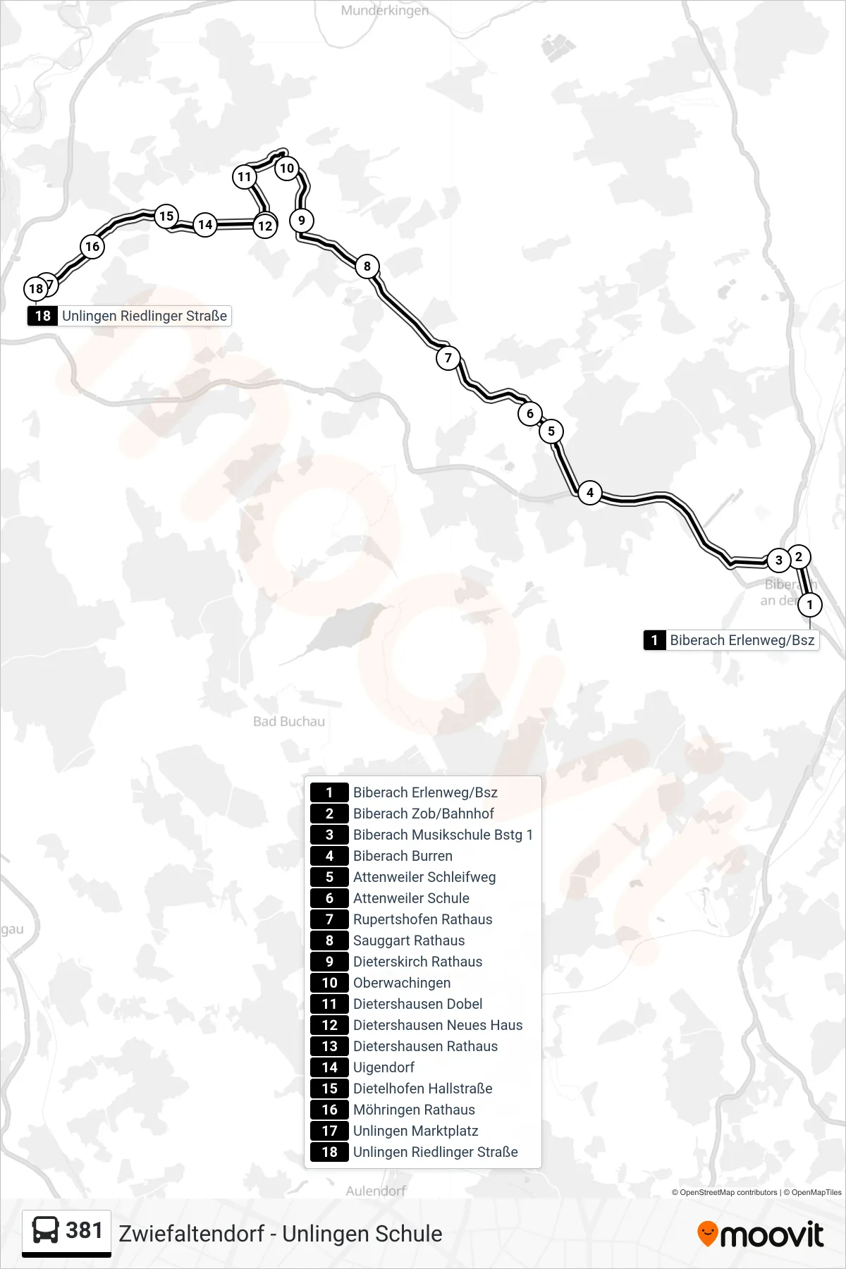 381 bus Line (Unlingen Riedlinger Straße) route and stops on a map