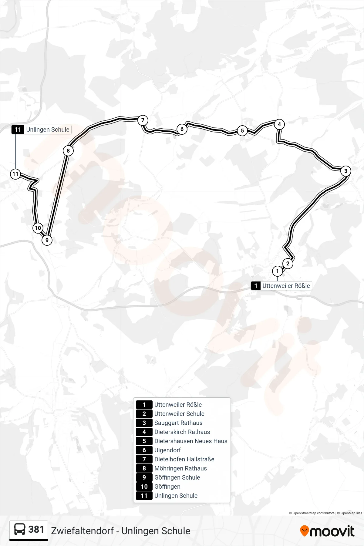 381 bus Line (Unlingen Schule) route and stops on a map