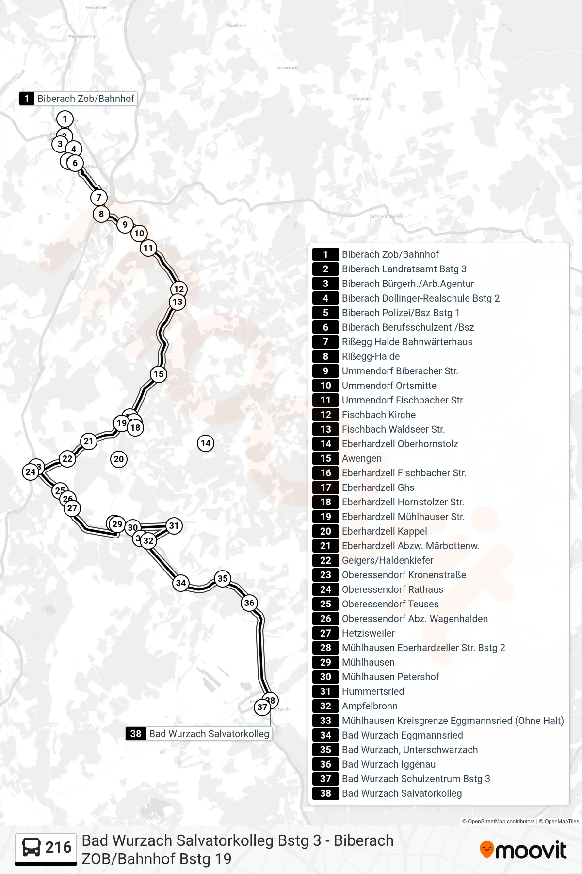 216 bus Line (Bad Wurzach Salvatorkolleg) route and stops on a map