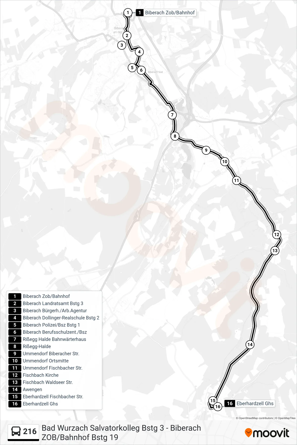 216 bus Line (Eberhardzell Ghs) route and stops on a map