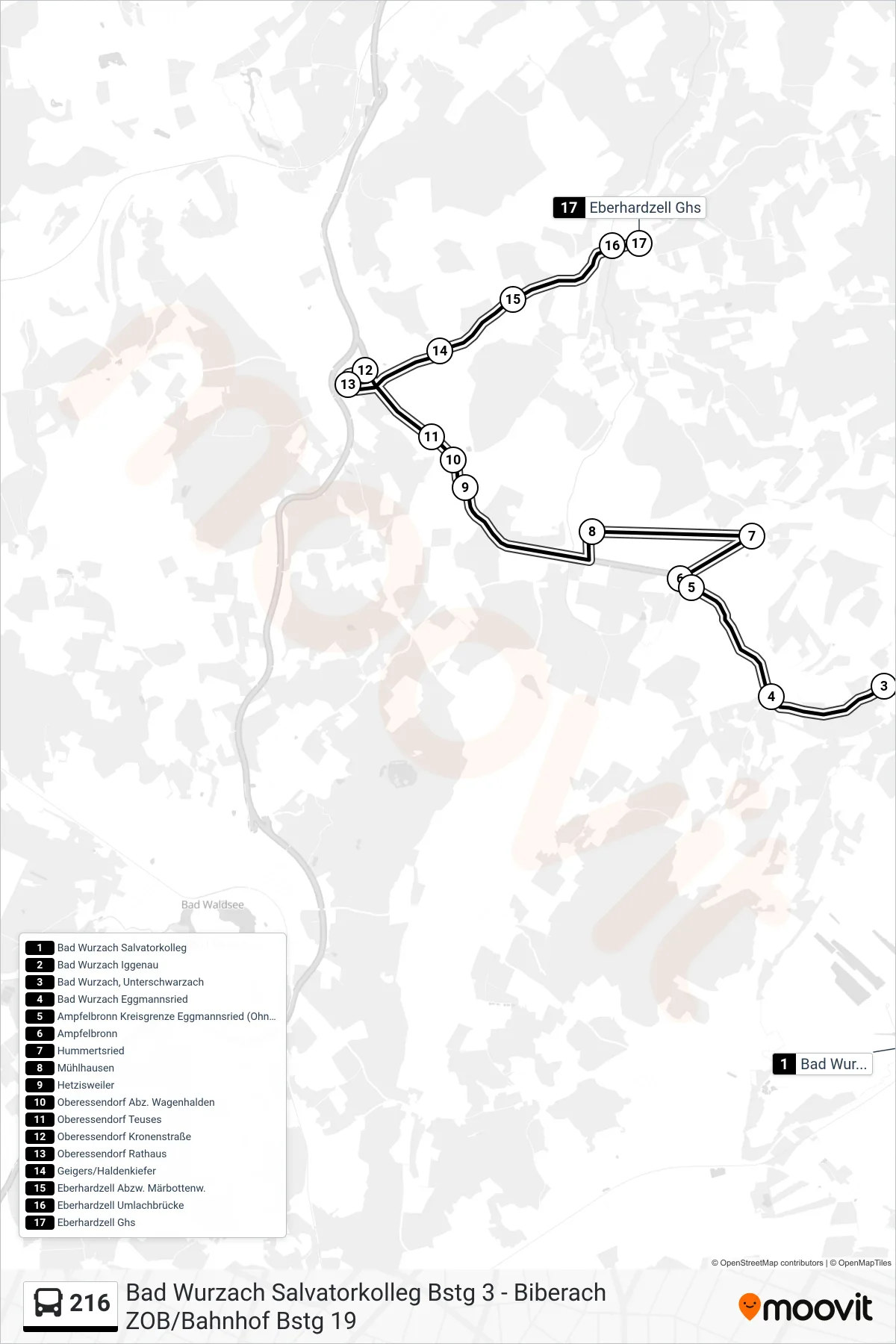 216 bus Line (Eberhardzell Ghs) route and stops on a map