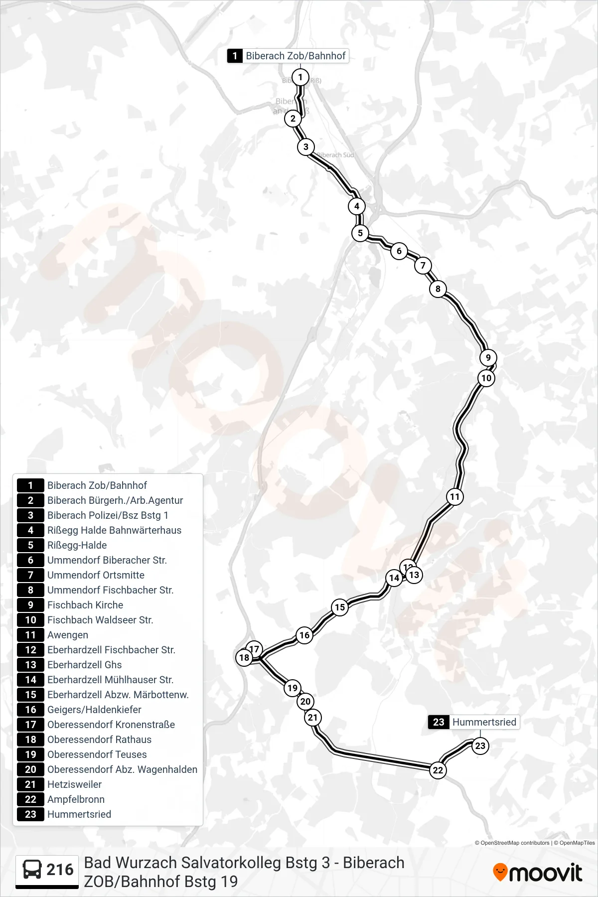 216 bus Line (Hummertsried) route and stops on a map