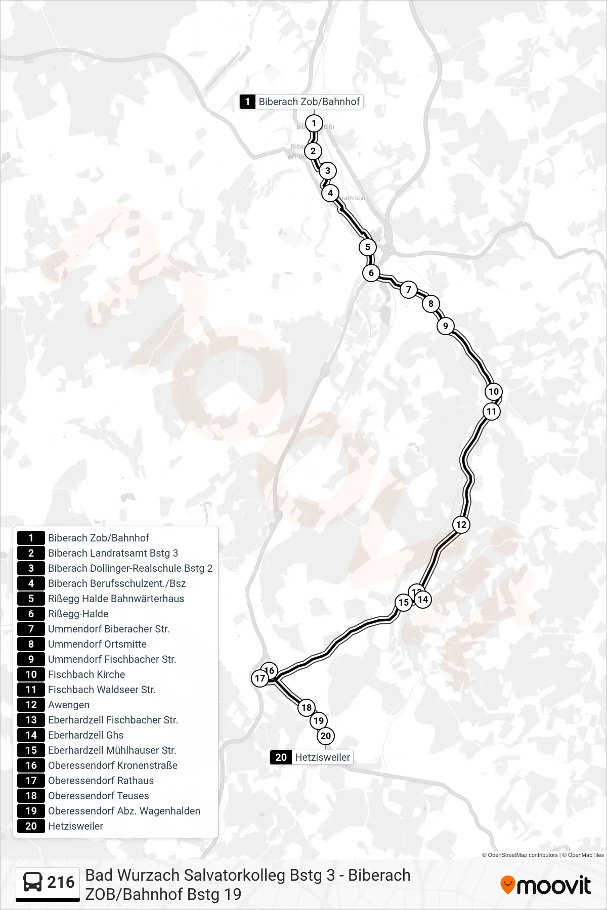 216 bus Line (Hetzisweiler) route and stops on a map