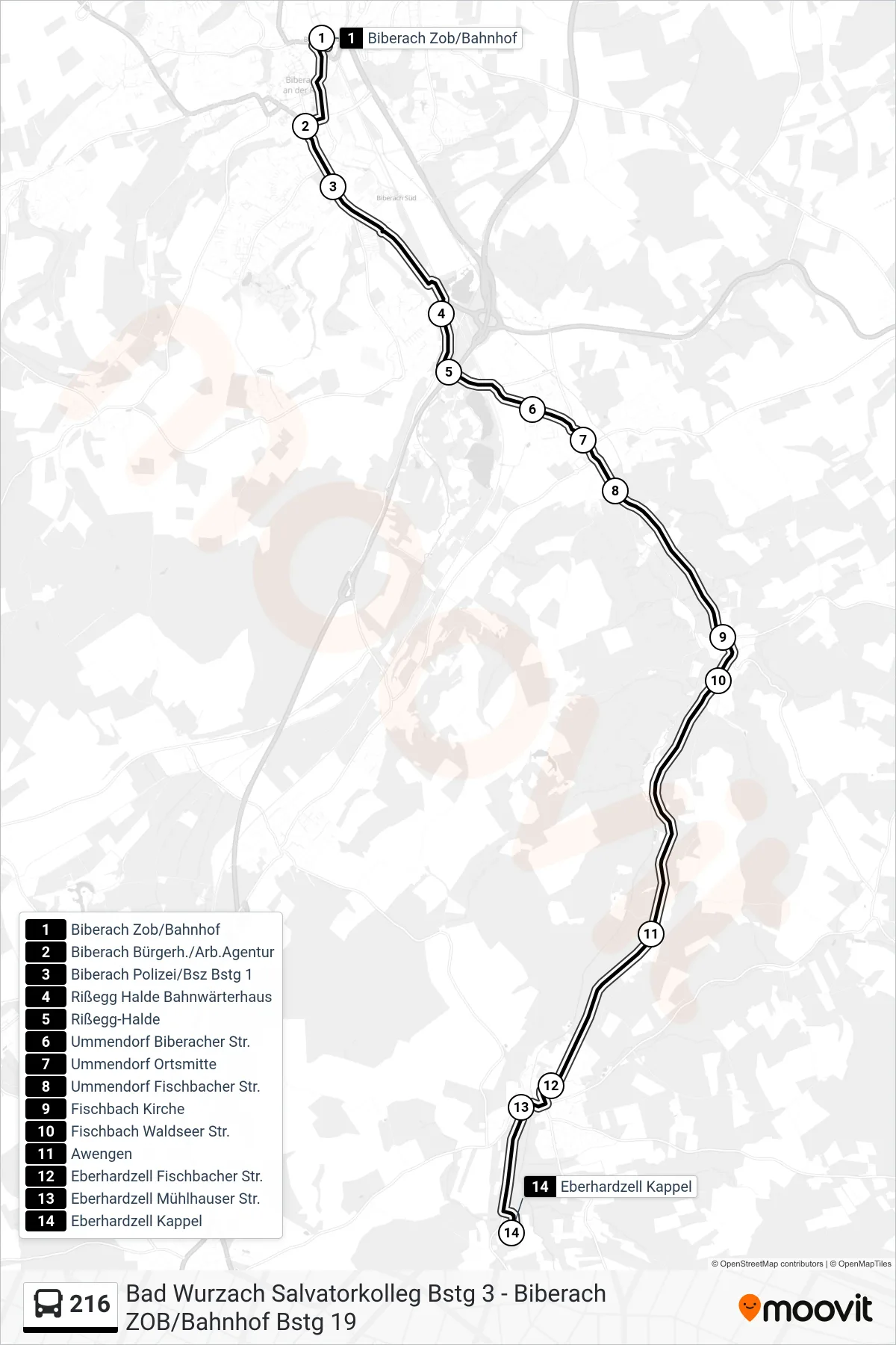 216 bus Line (Eberhardzell Kappel) route and stops on a map