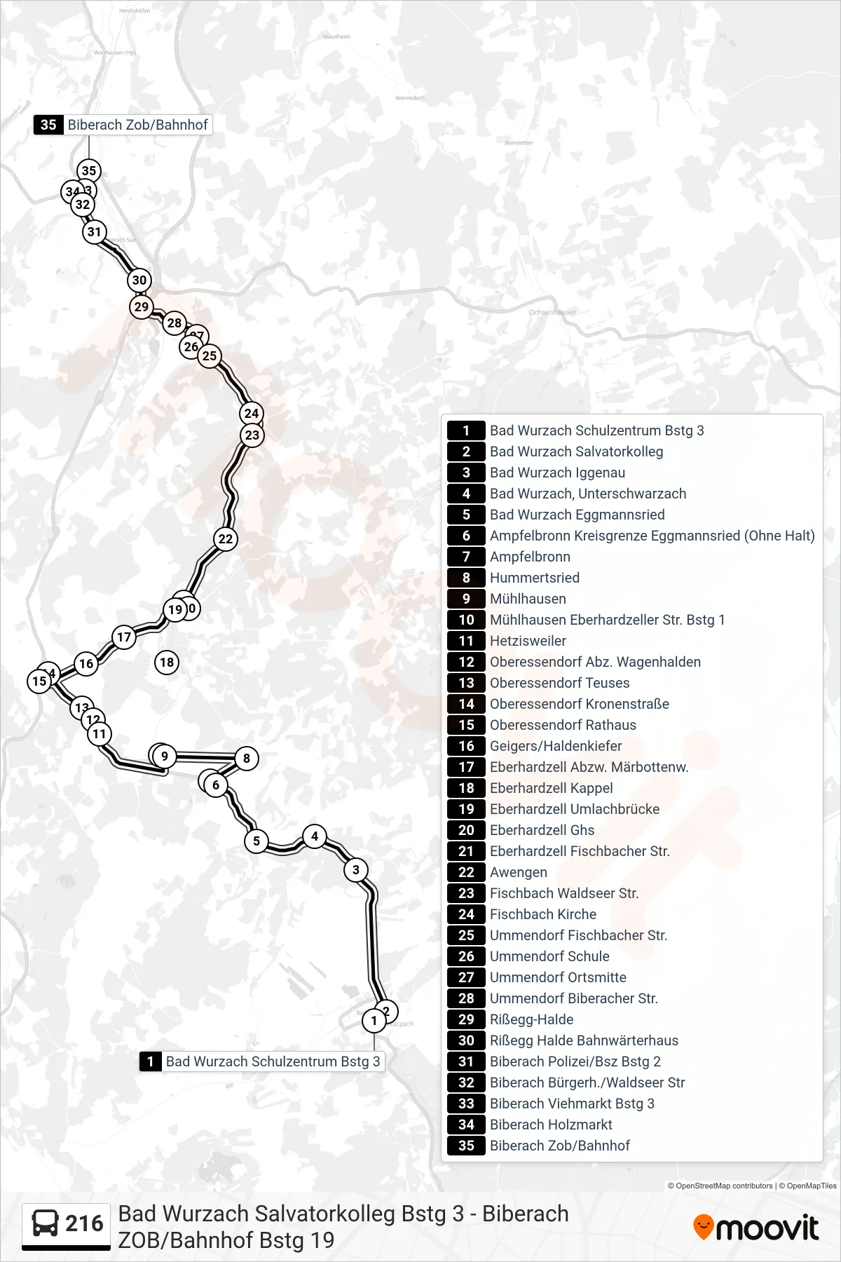 216 bus Line (Biberach Zob/Bahnhof) route and stops on a map