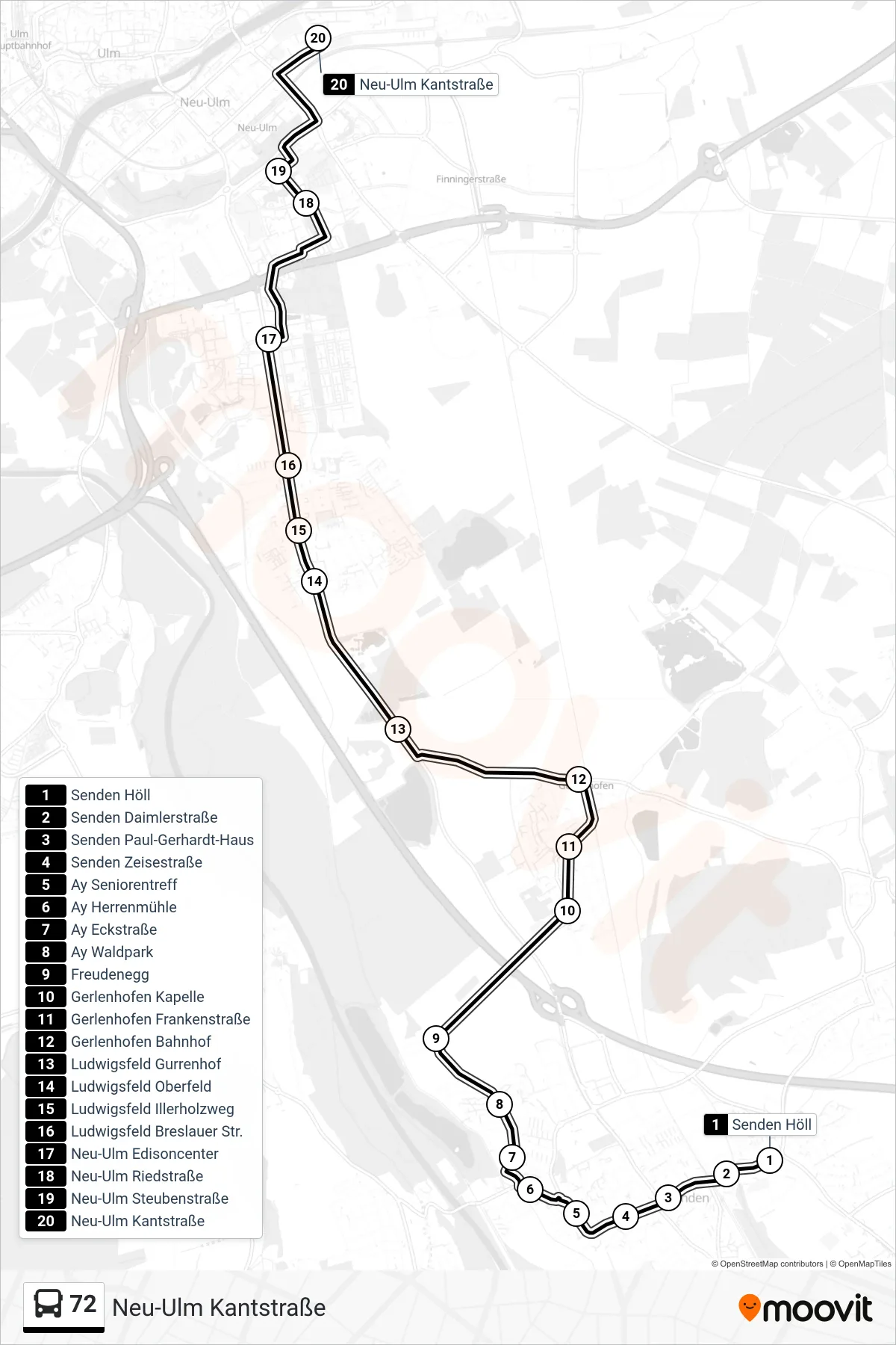 72 bus Line (Neu-Ulm Kantstraße) route and stops on a map