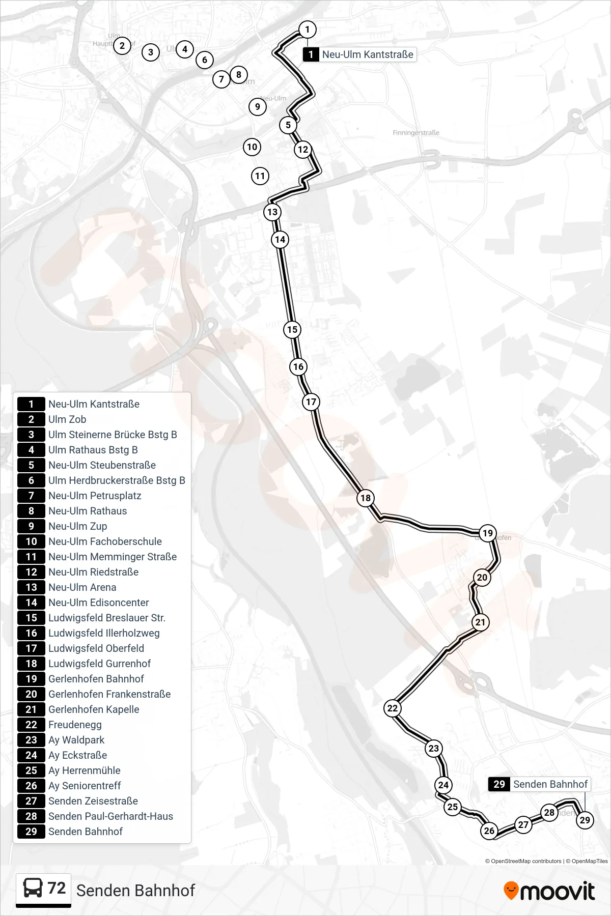 72 bus Line (Senden Bahnhof) route and stops on a map