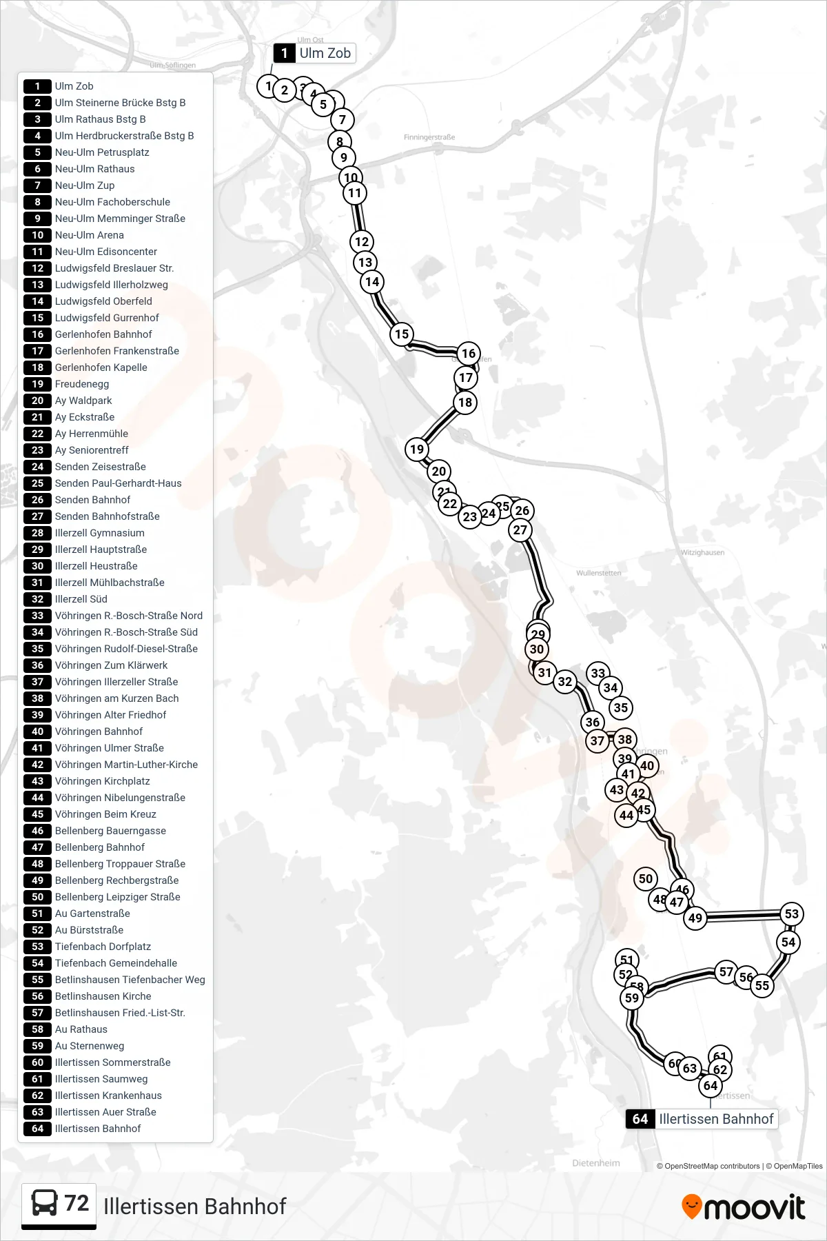 72 bus Line (Illertissen Bahnhof) route and stops on a map