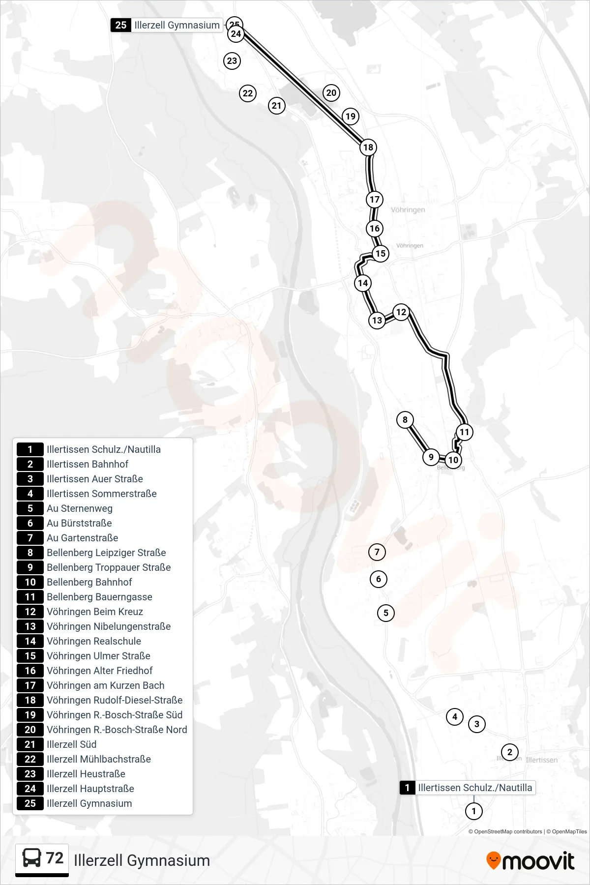 72 bus Line (Illerzell Gymnasium) route and stops on a map