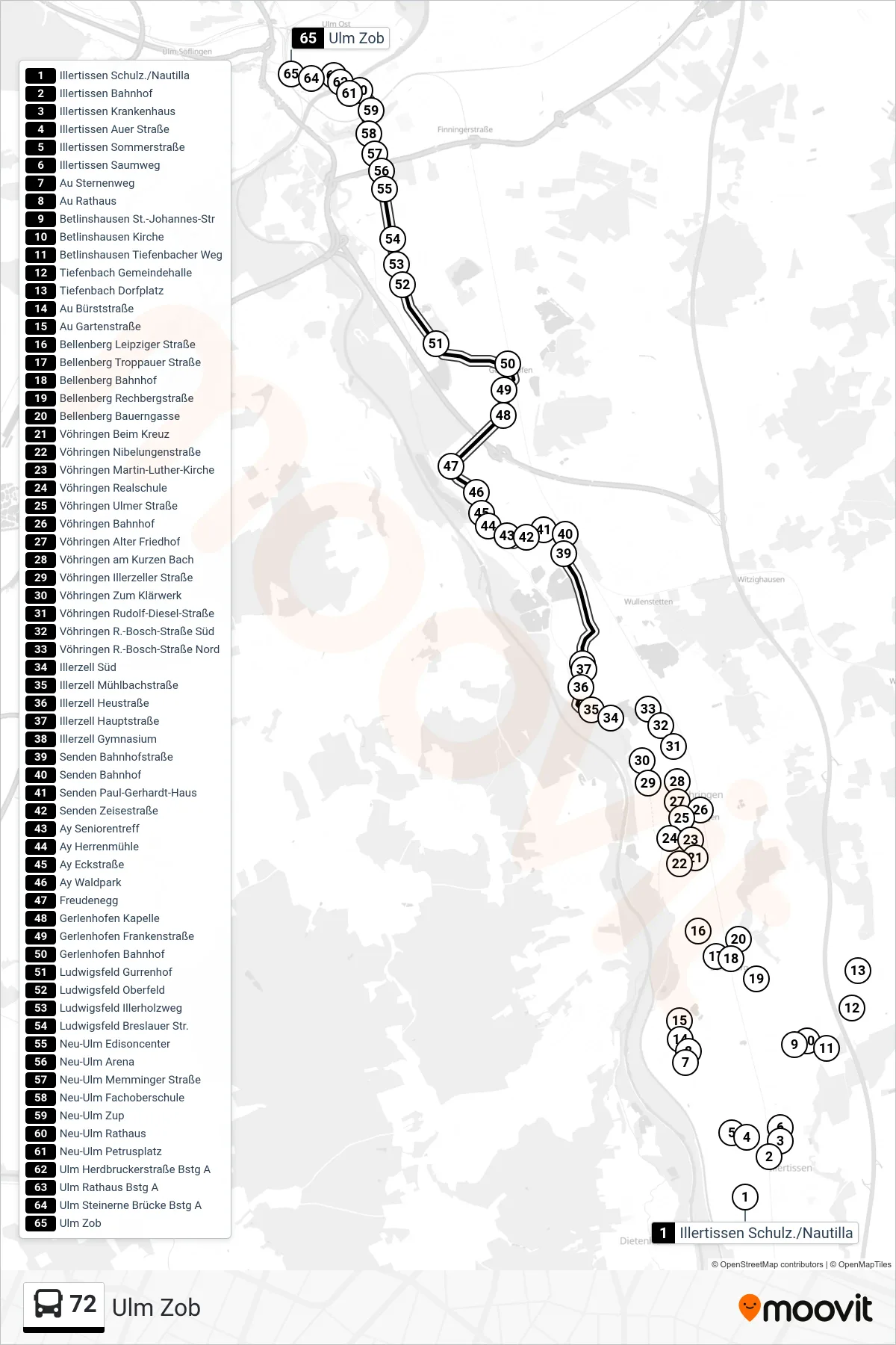 72 bus Line (Ulm Zob) route and stops on a map