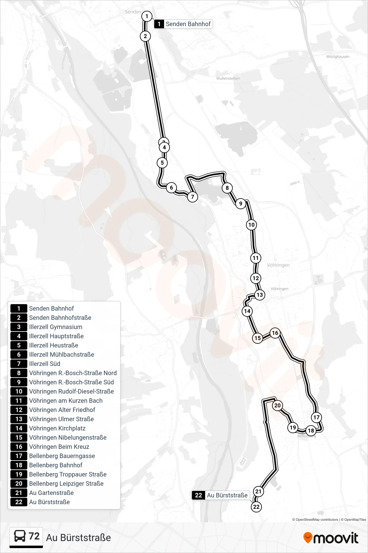 72 bus Line (Au Bürststraße) route and stops on a map