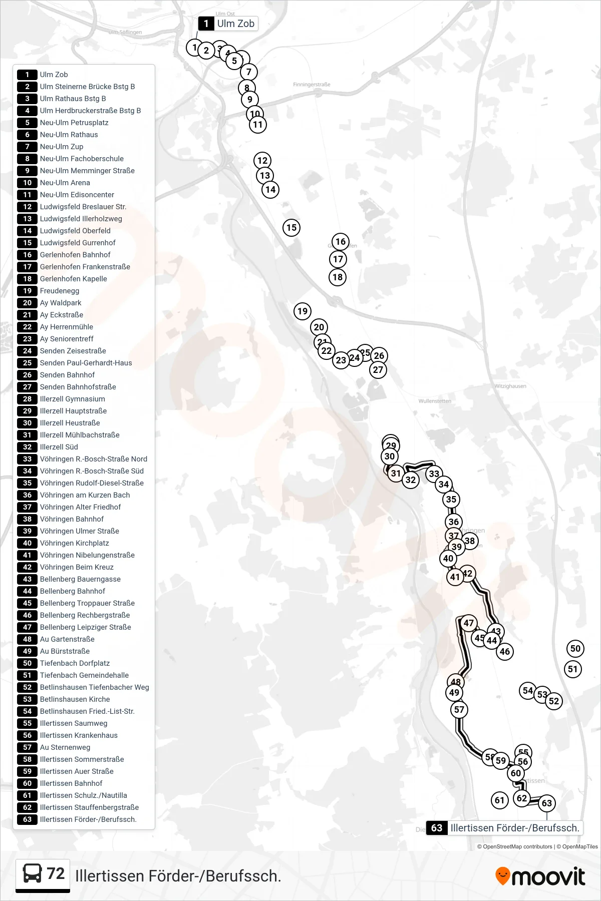72 bus Line (Illertissen Förder-/Berufssch.) route and stops on a map