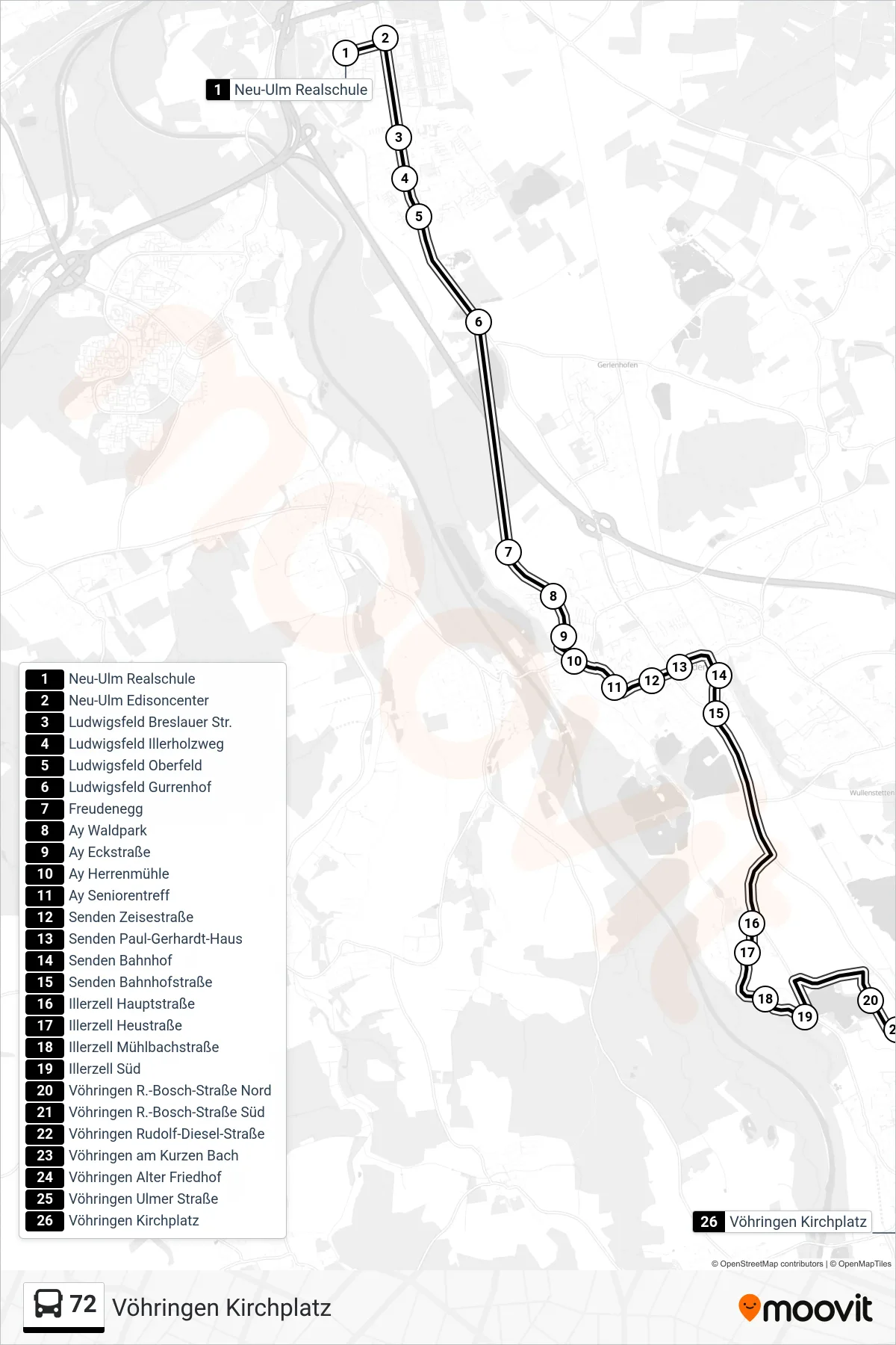 72 bus Line (Vöhringen Kirchplatz) route and stops on a map