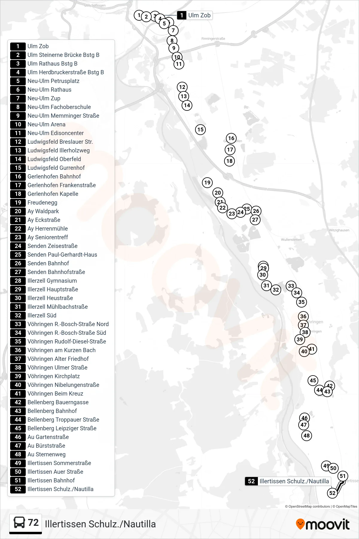 72 bus Line (Illertissen Schulz./Nautilla) route and stops on a map
