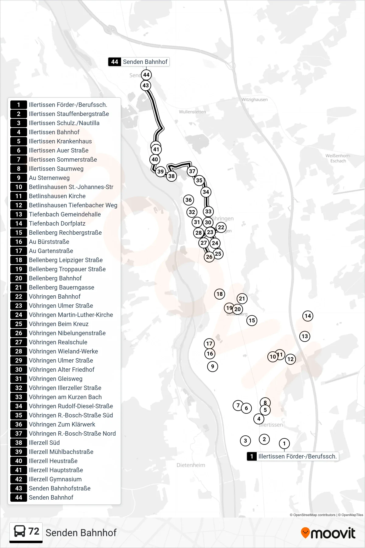 72 bus Line (Senden Bahnhof) route and stops on a map