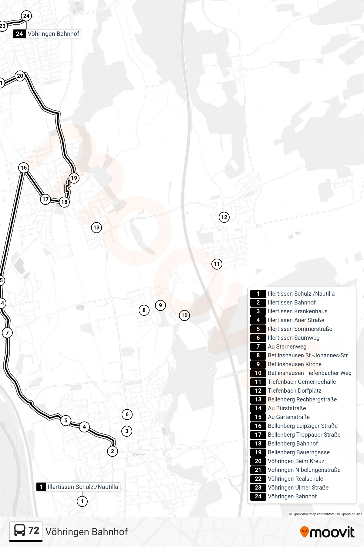 72 bus Line (Vöhringen Bahnhof) route and stops on a map