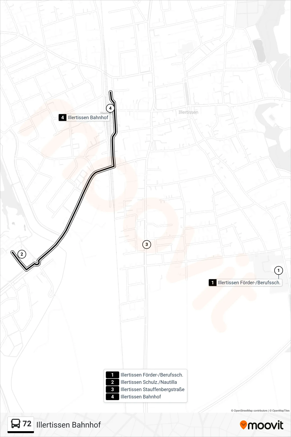 72 bus Line (Illertissen Bahnhof) route and stops on a map