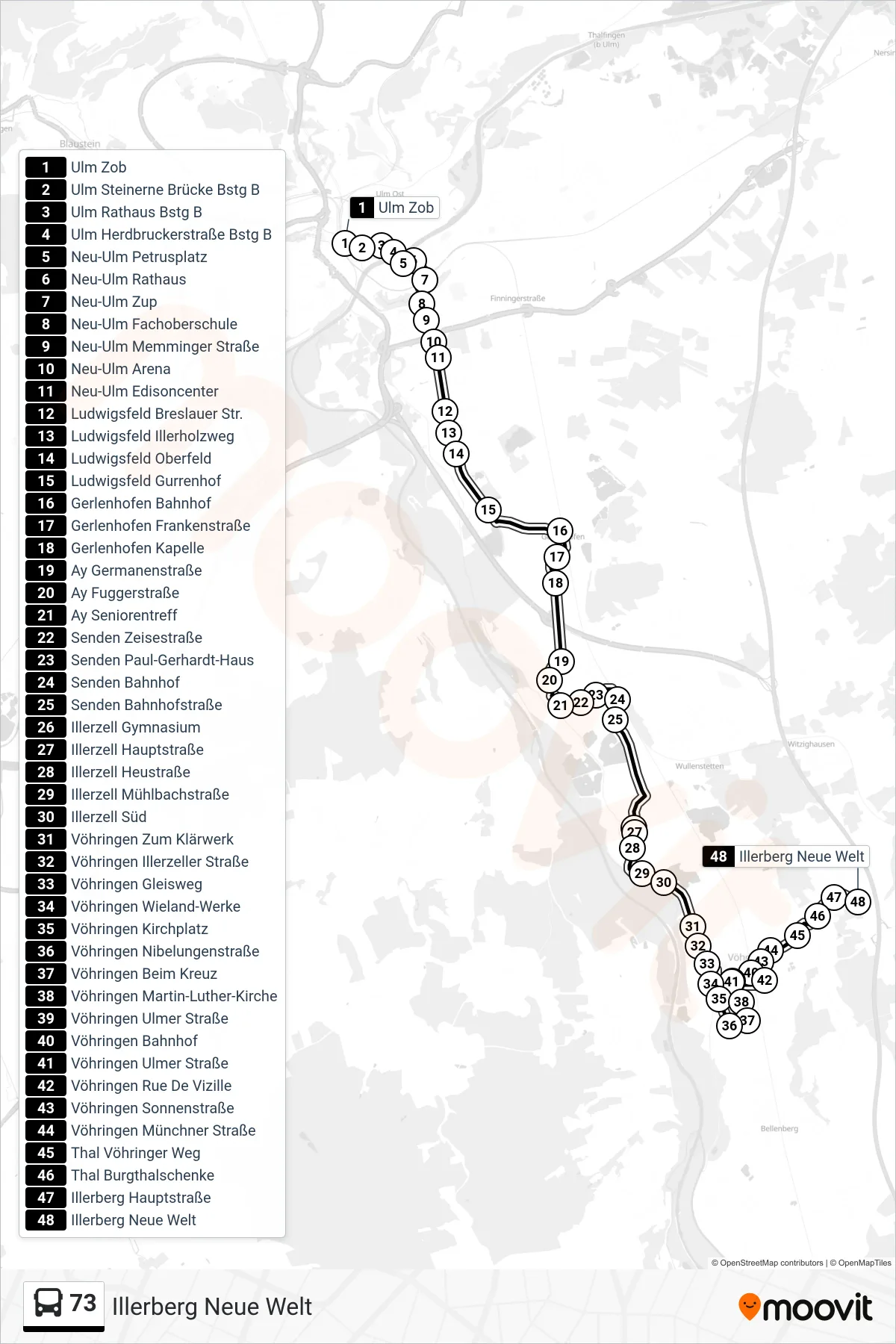 Linie 73 (Bus) Richtung Illerberg Neue Welt: Route und Haltestellen auf der Karte