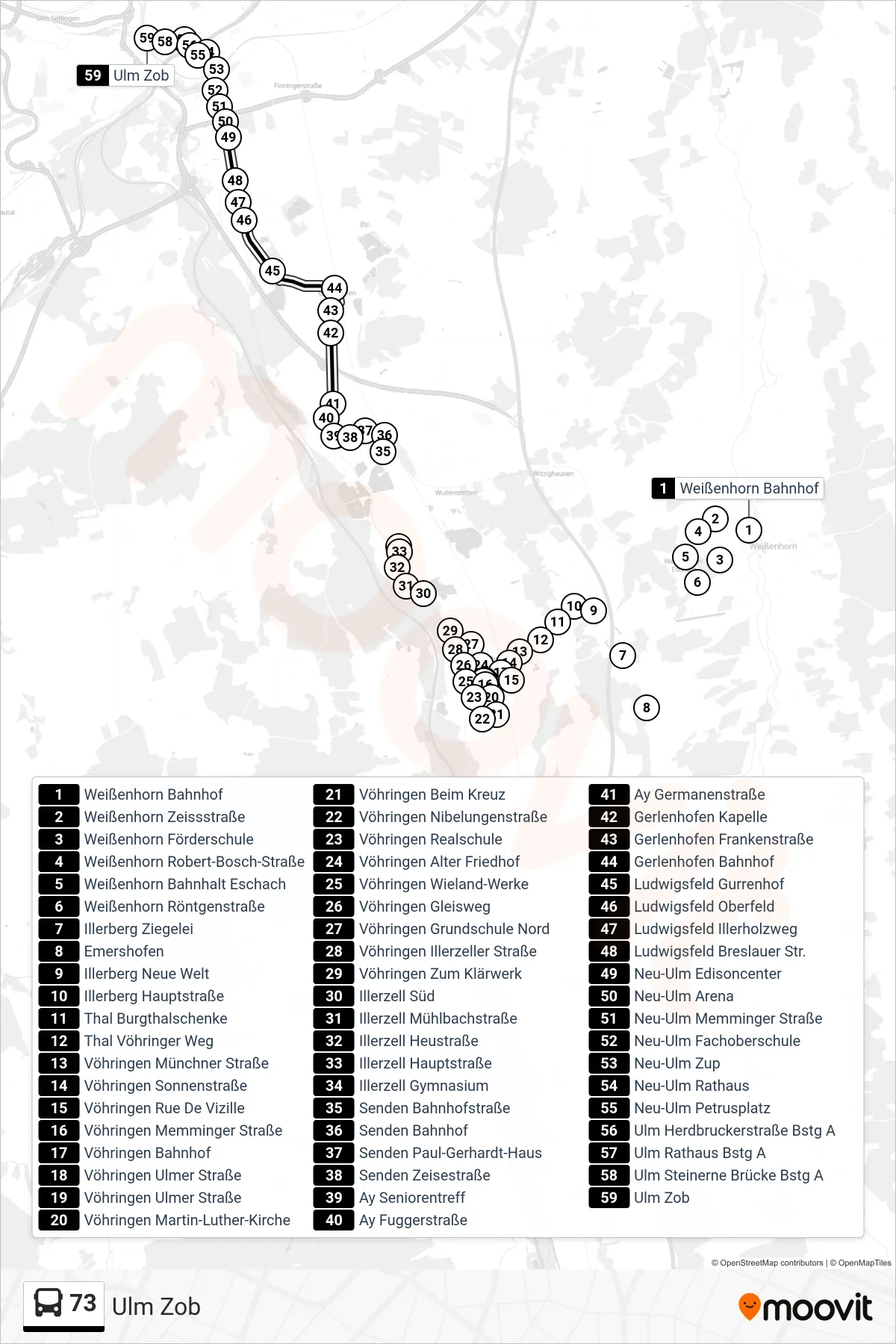 73 bus Line (Ulm Zob) route and stops on a map