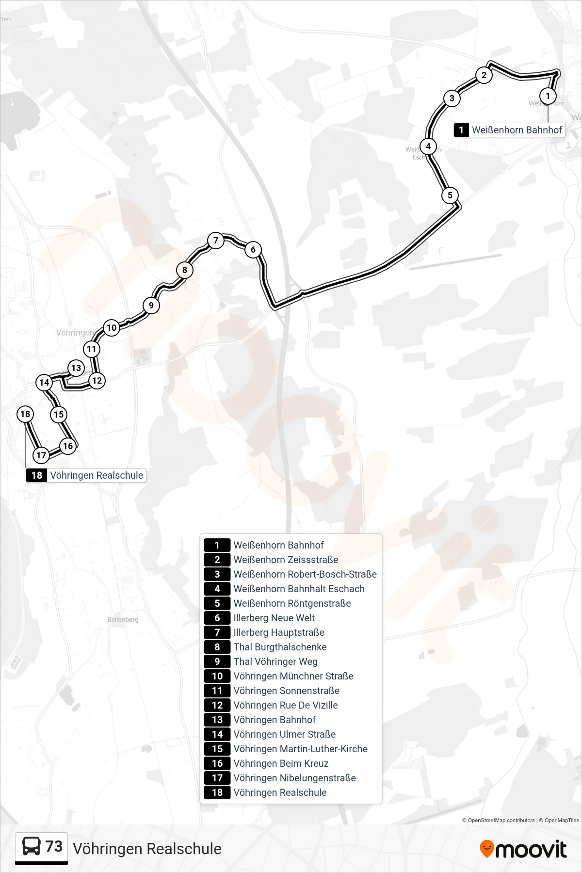 73 bus Line (Vöhringen Realschule) route and stops on a map