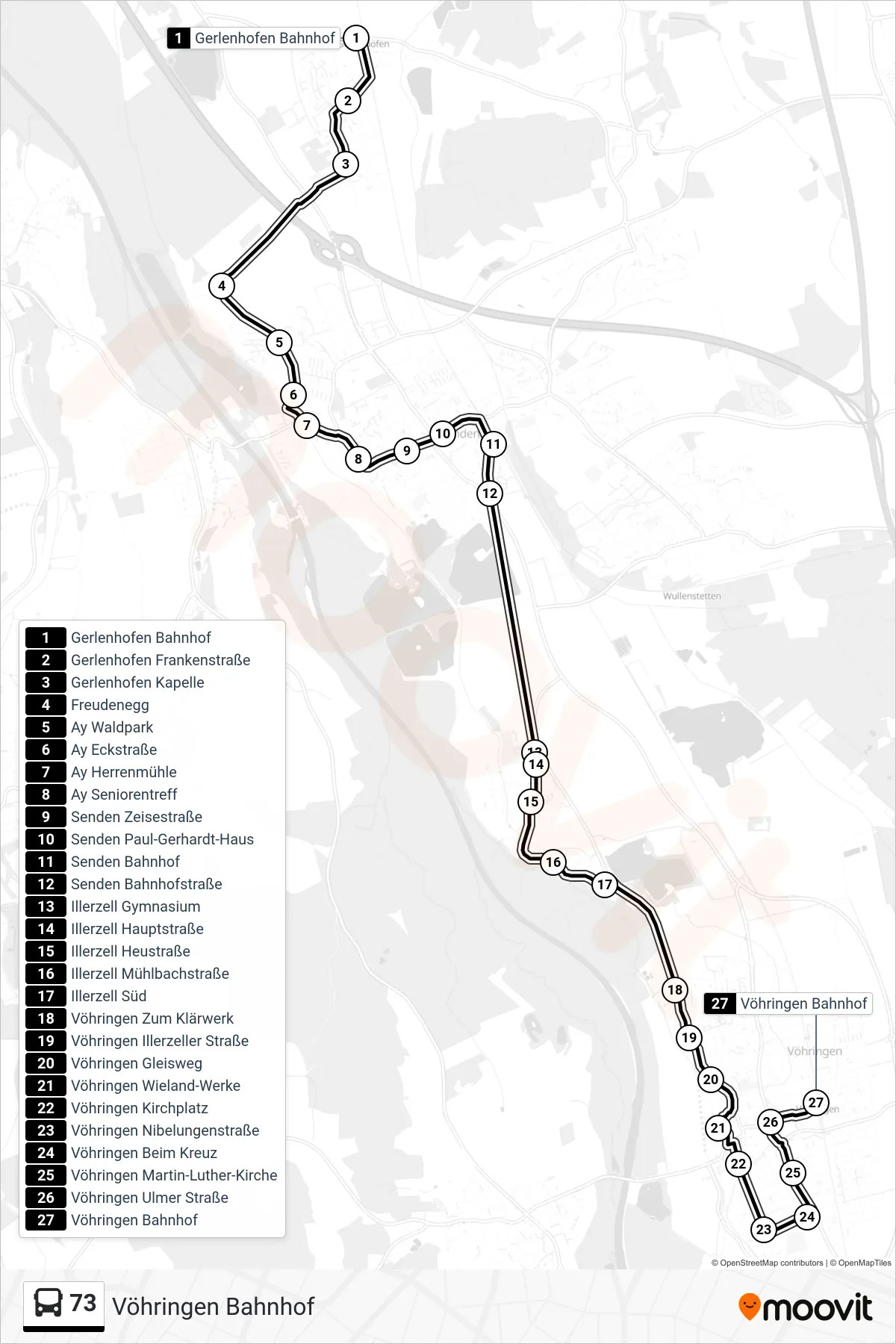 73 bus Line (Vöhringen Bahnhof) route and stops on a map