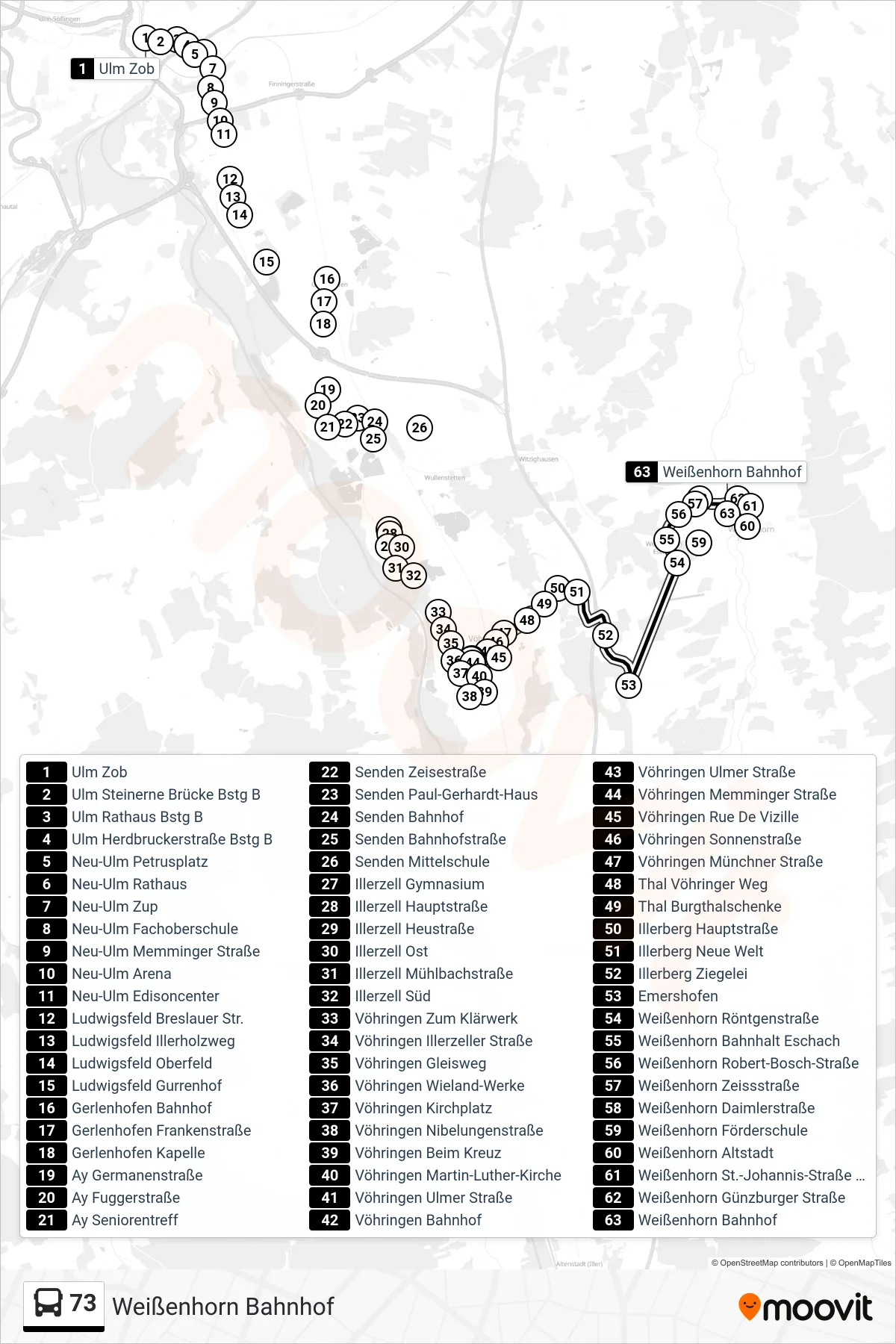 73 bus Line (Weißenhorn Bahnhof) route and stops on a map