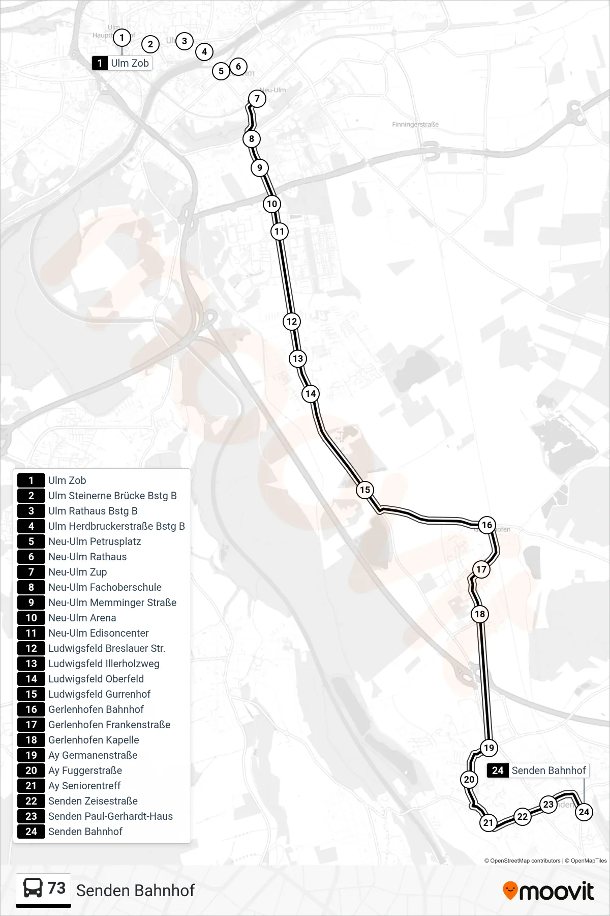73 bus Line (Senden Bahnhof) route and stops on a map