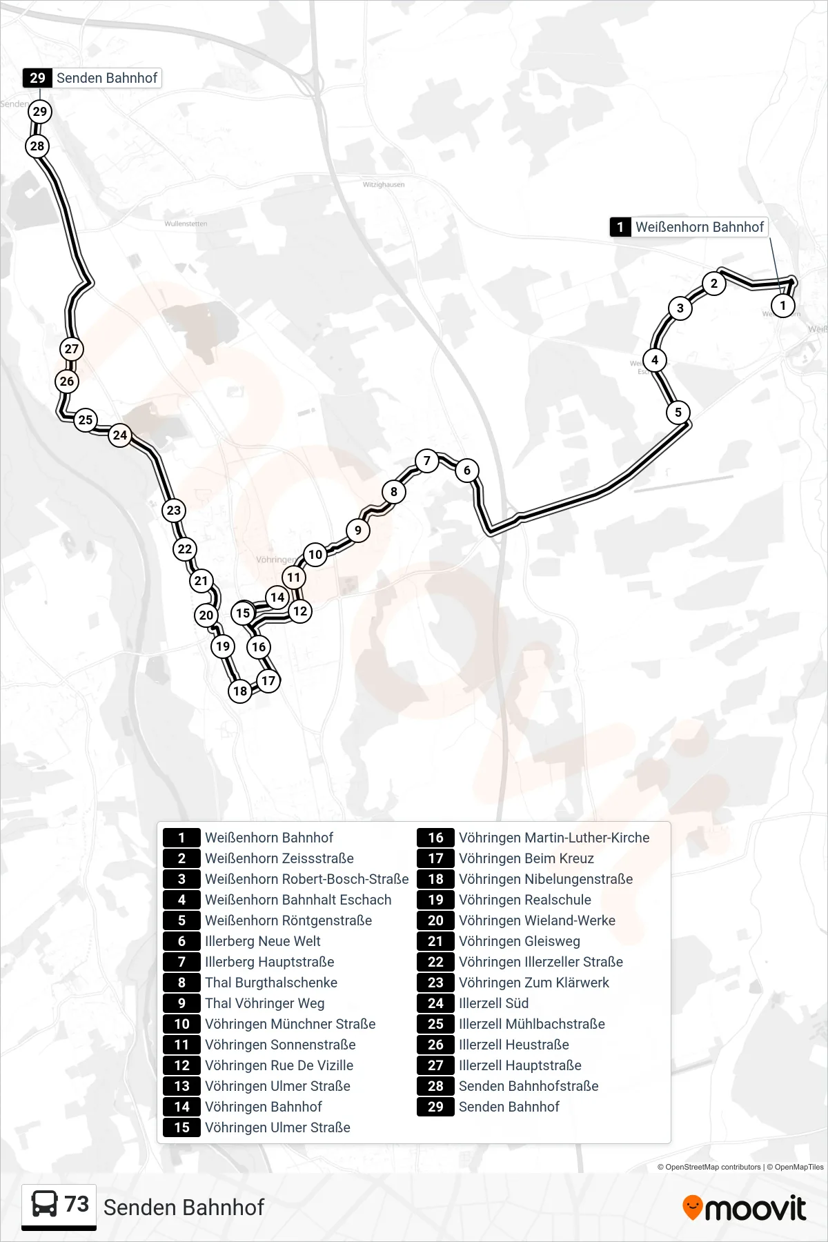 73 bus Line (Senden Bahnhof) route and stops on a map