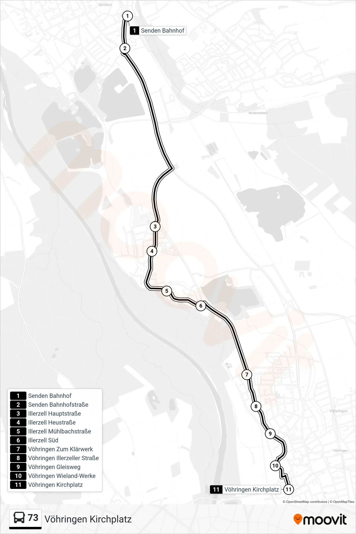 73 bus Line (Vöhringen Kirchplatz) route and stops on a map