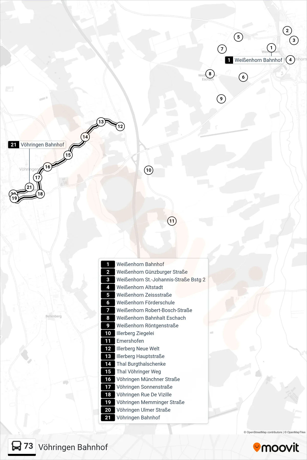 73 bus Line (Vöhringen Bahnhof) route and stops on a map