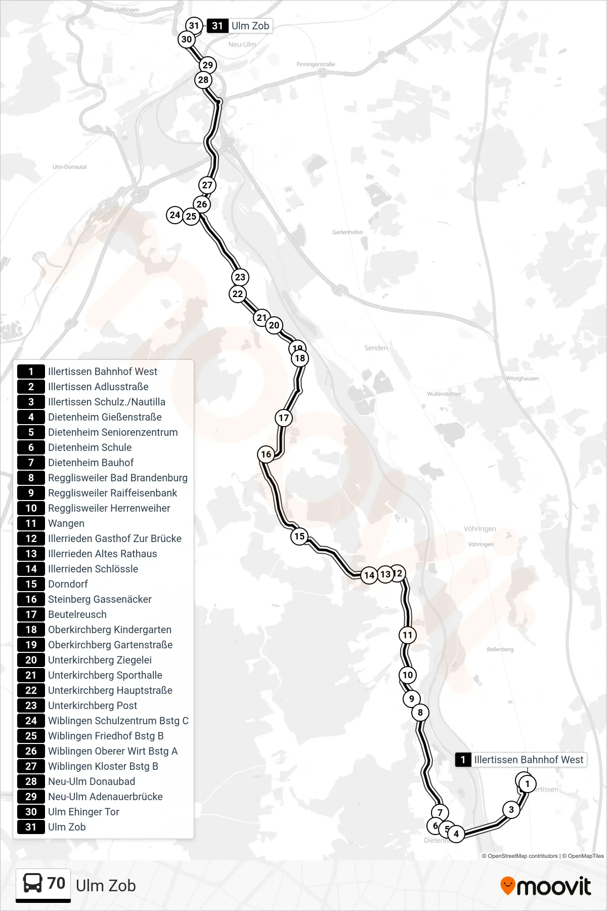 70 bus Line (Ulm Zob) route and stops on a map