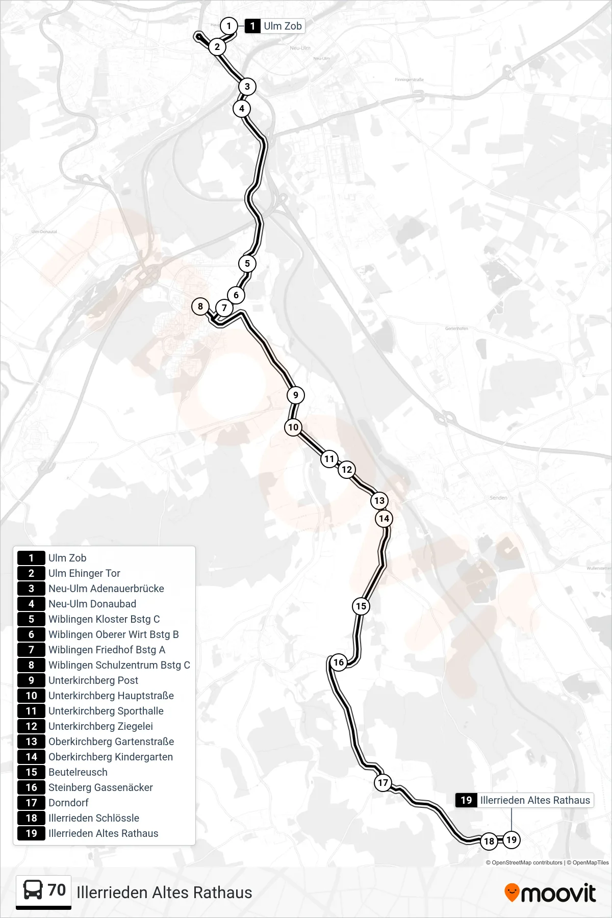70 bus Line (Illerrieden Altes Rathaus) route and stops on a map