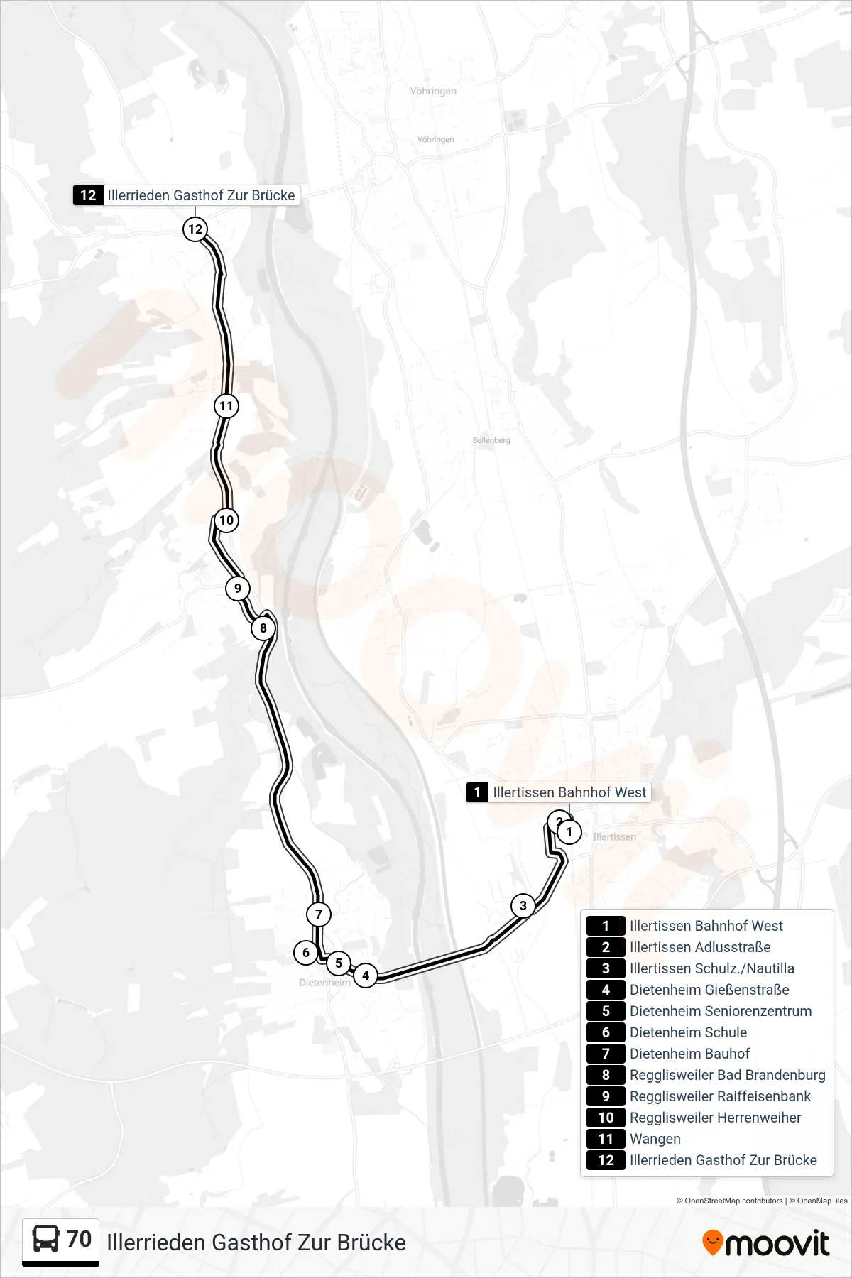 70 bus Line (Illerrieden Gasthof Zur Brücke) route and stops on a map