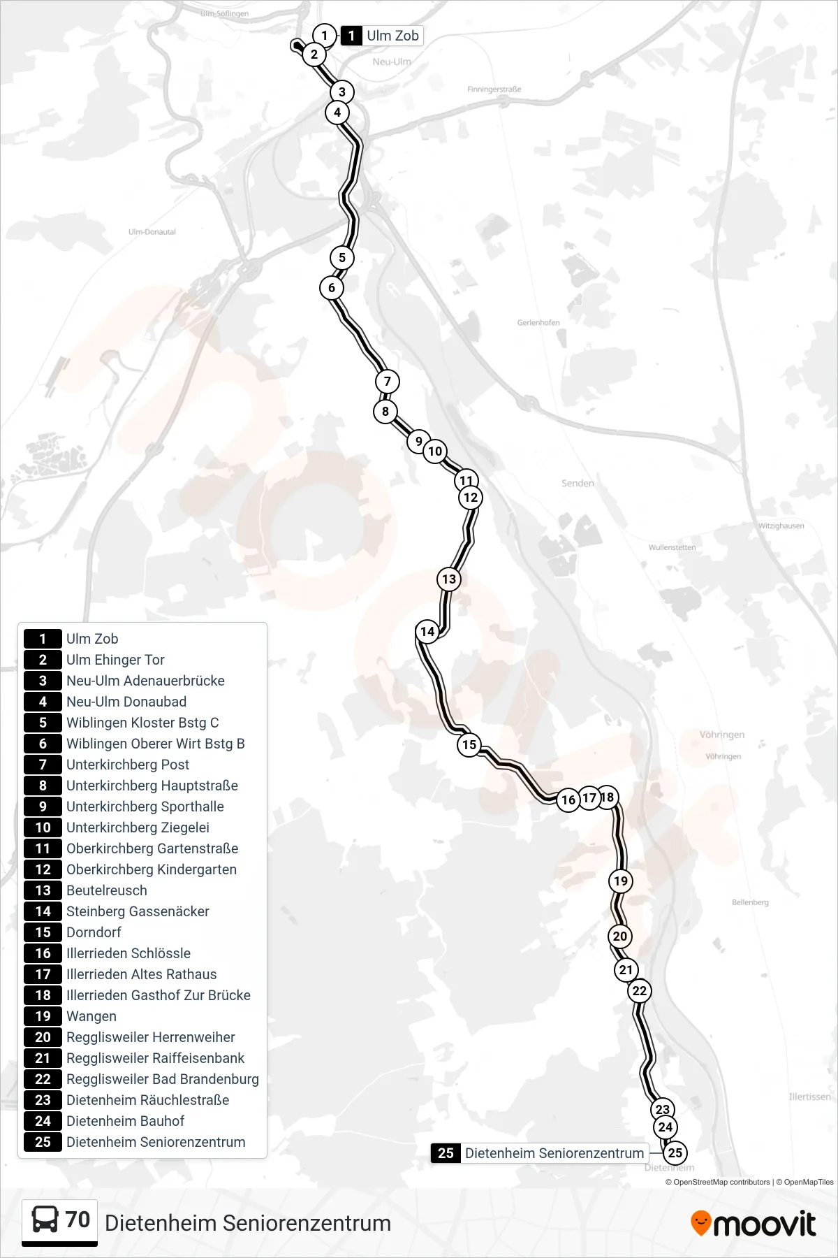 70 bus Line (Dietenheim Seniorenzentrum) route and stops on a map