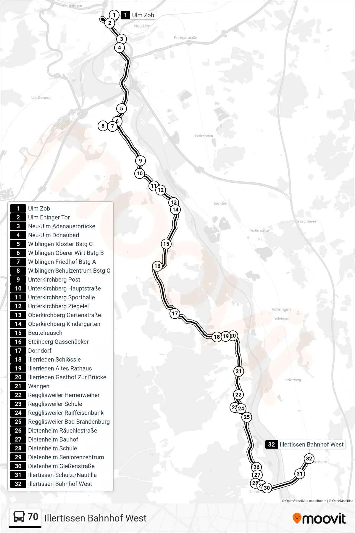70 bus Line (Illertissen Bahnhof West) route and stops on a map
