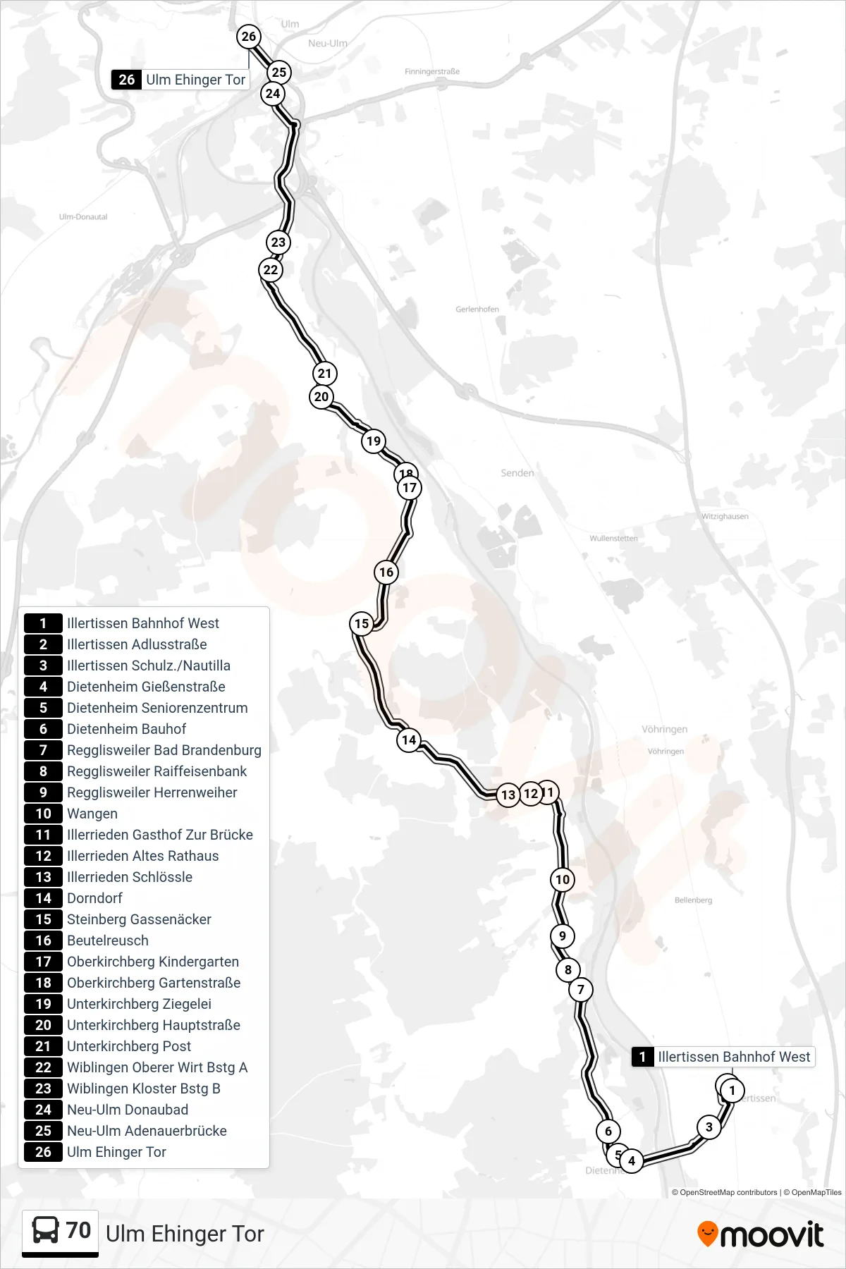 70 bus Line (Ulm Ehinger Tor) route and stops on a map