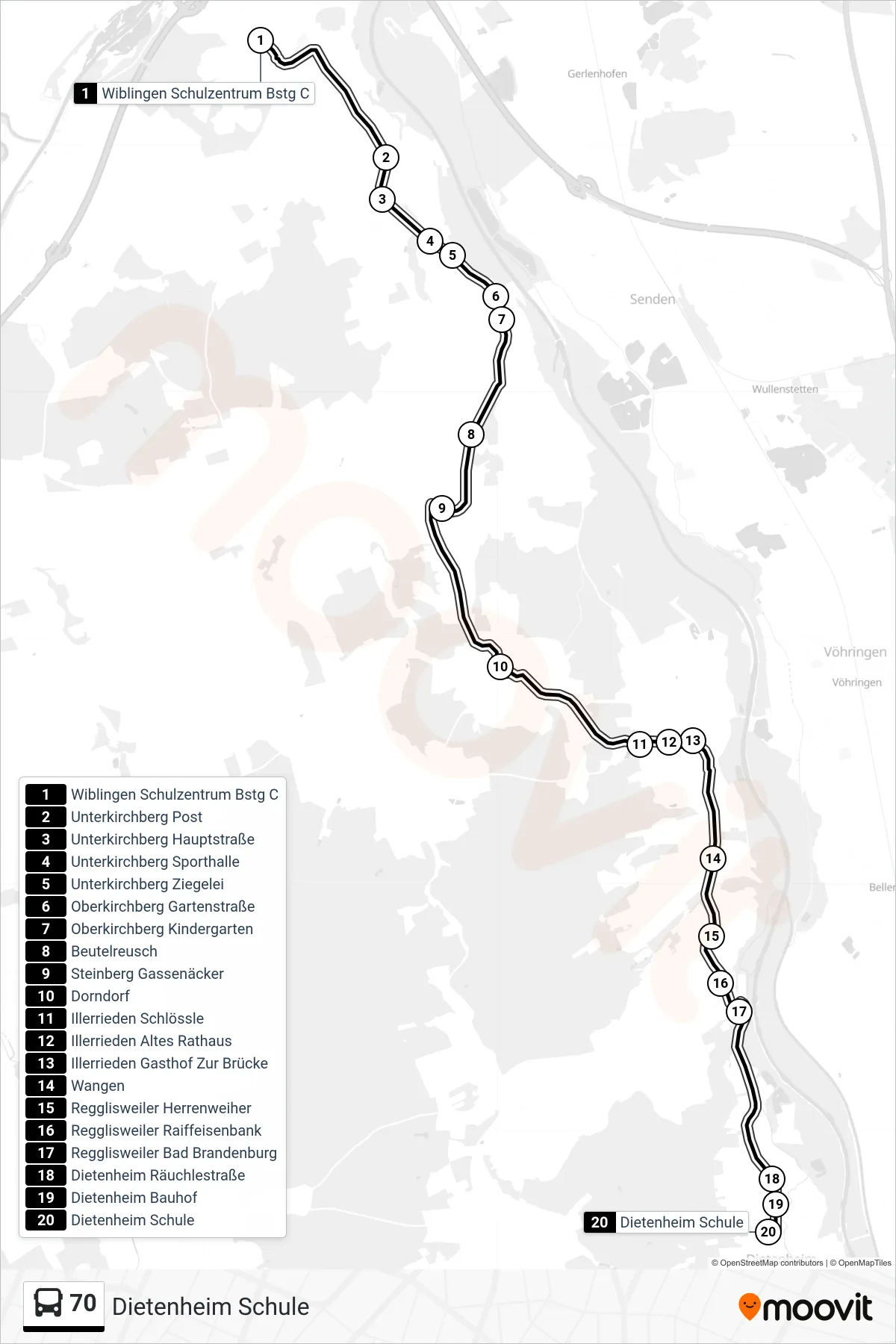 70 bus Line (Dietenheim Schule) route and stops on a map
